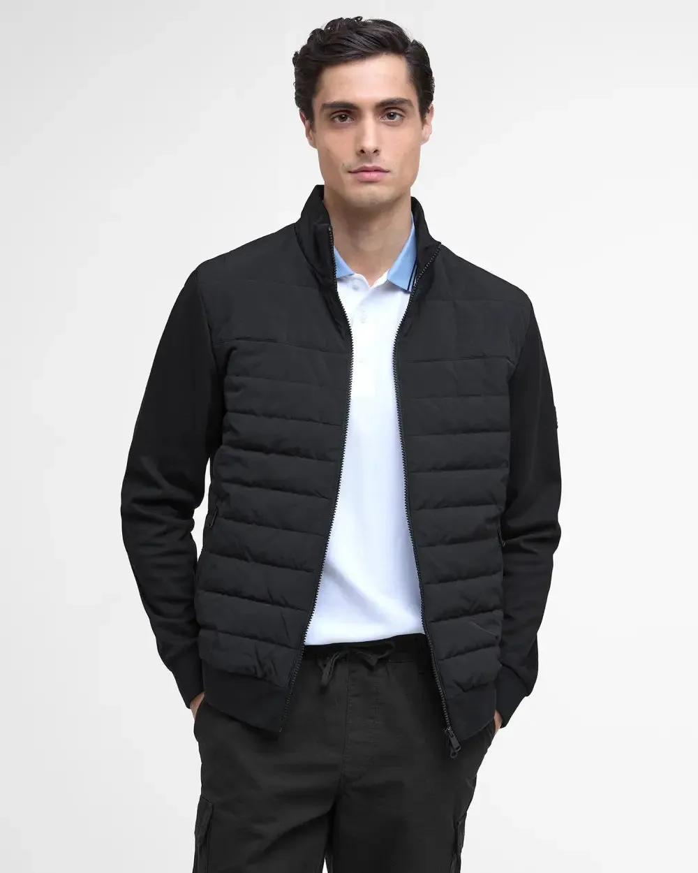 ID25797-Barbour Black Collins Baffle Sweatshirt Durable AbrasionResistant Panels Double Buttons