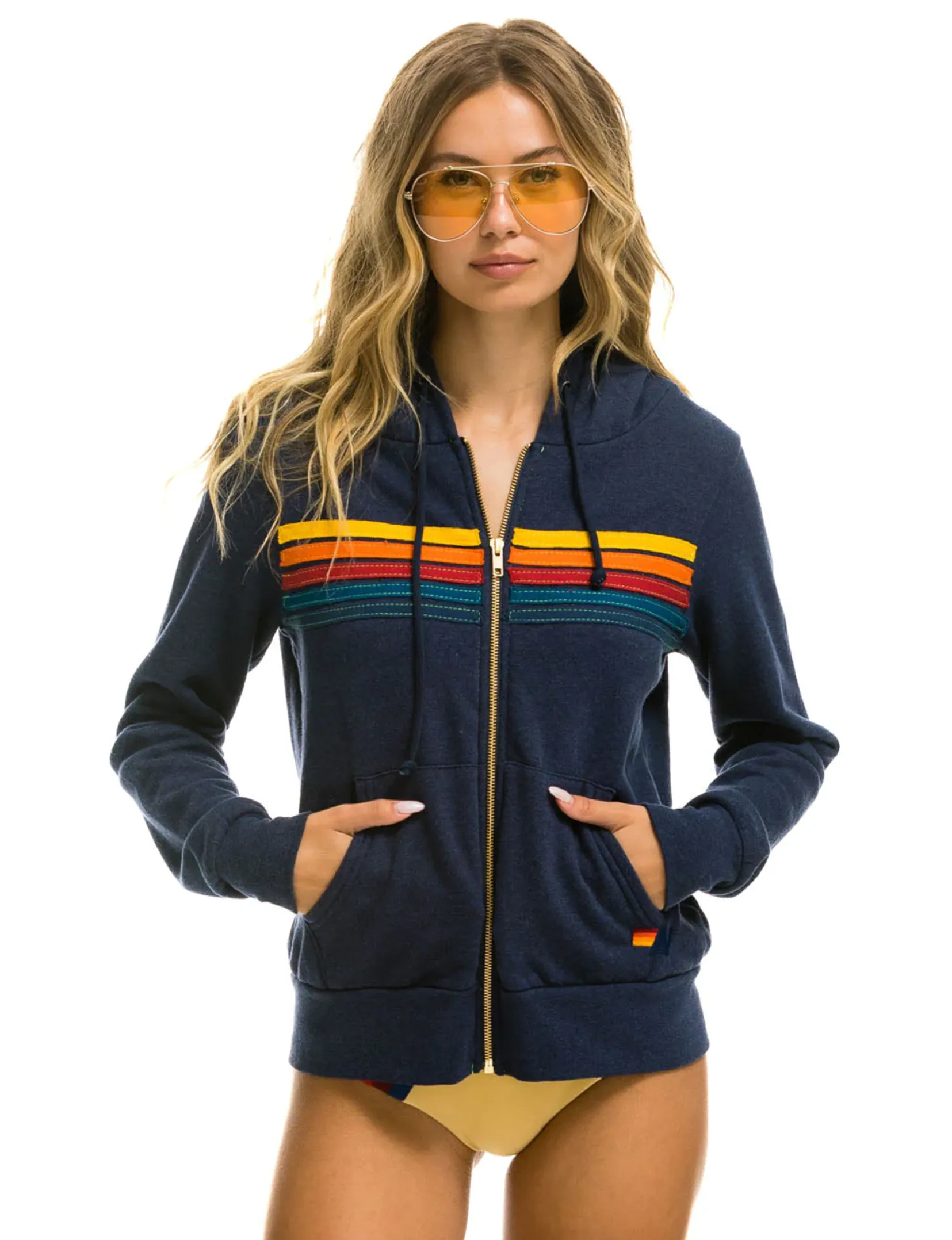 5 Stripe Zip Hoodie, Navy/Multi Casual Fit