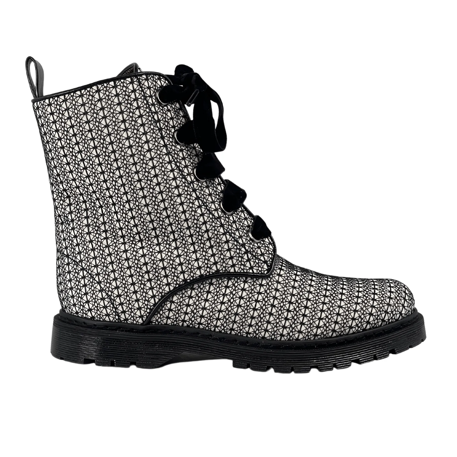 'Billie' vegan combat boots by Zette Shoes - white with black lace Hard Ground Comfort Gusset
