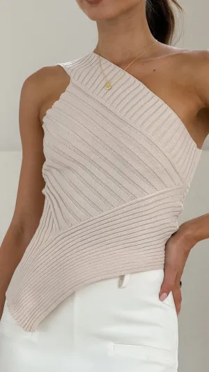 Alyssia One Shoulder Top - Beige Layered Cable Pattern Minimal Comfort
