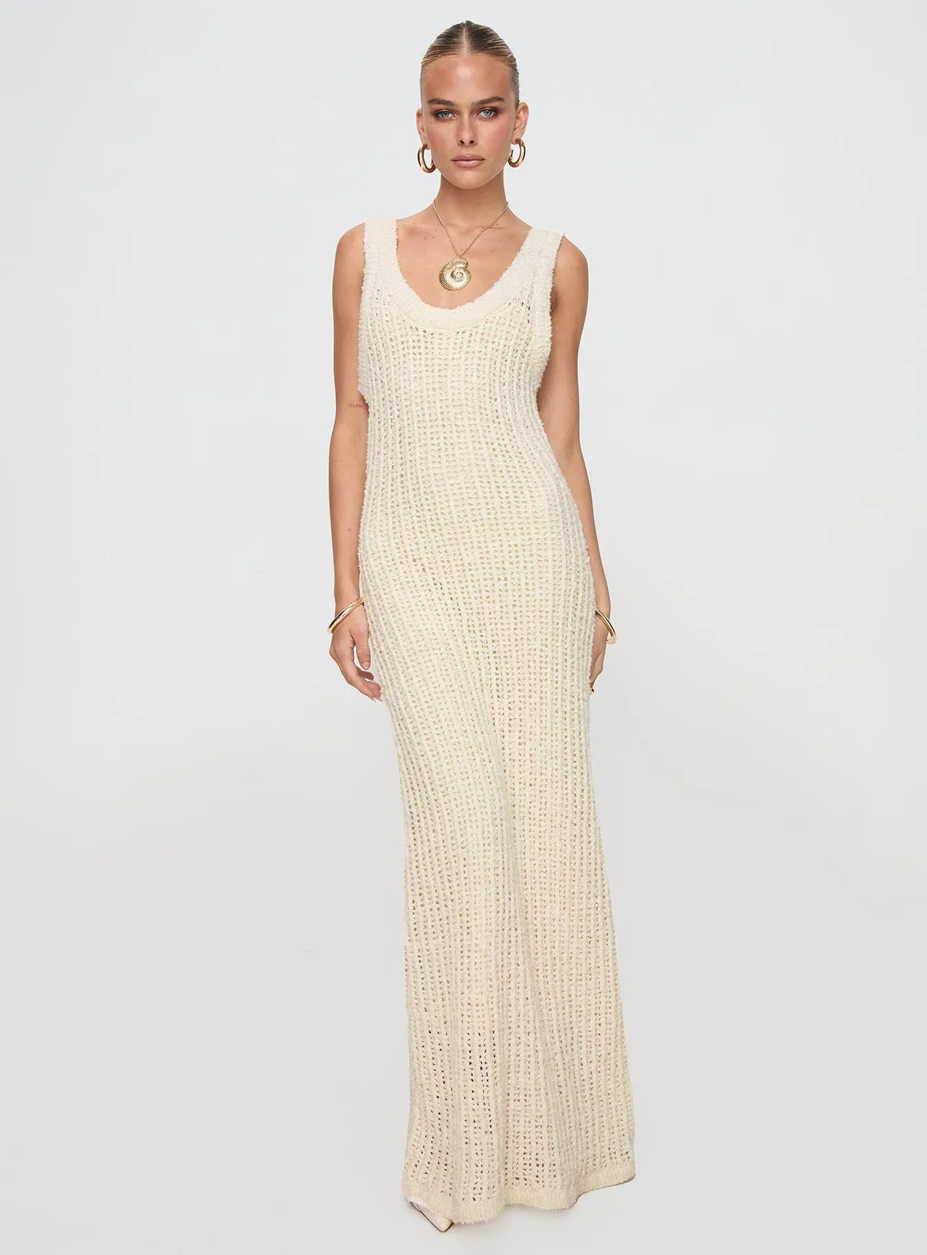Andiamo Maxi Dress Cream Light Fabrication Statement-Buttons