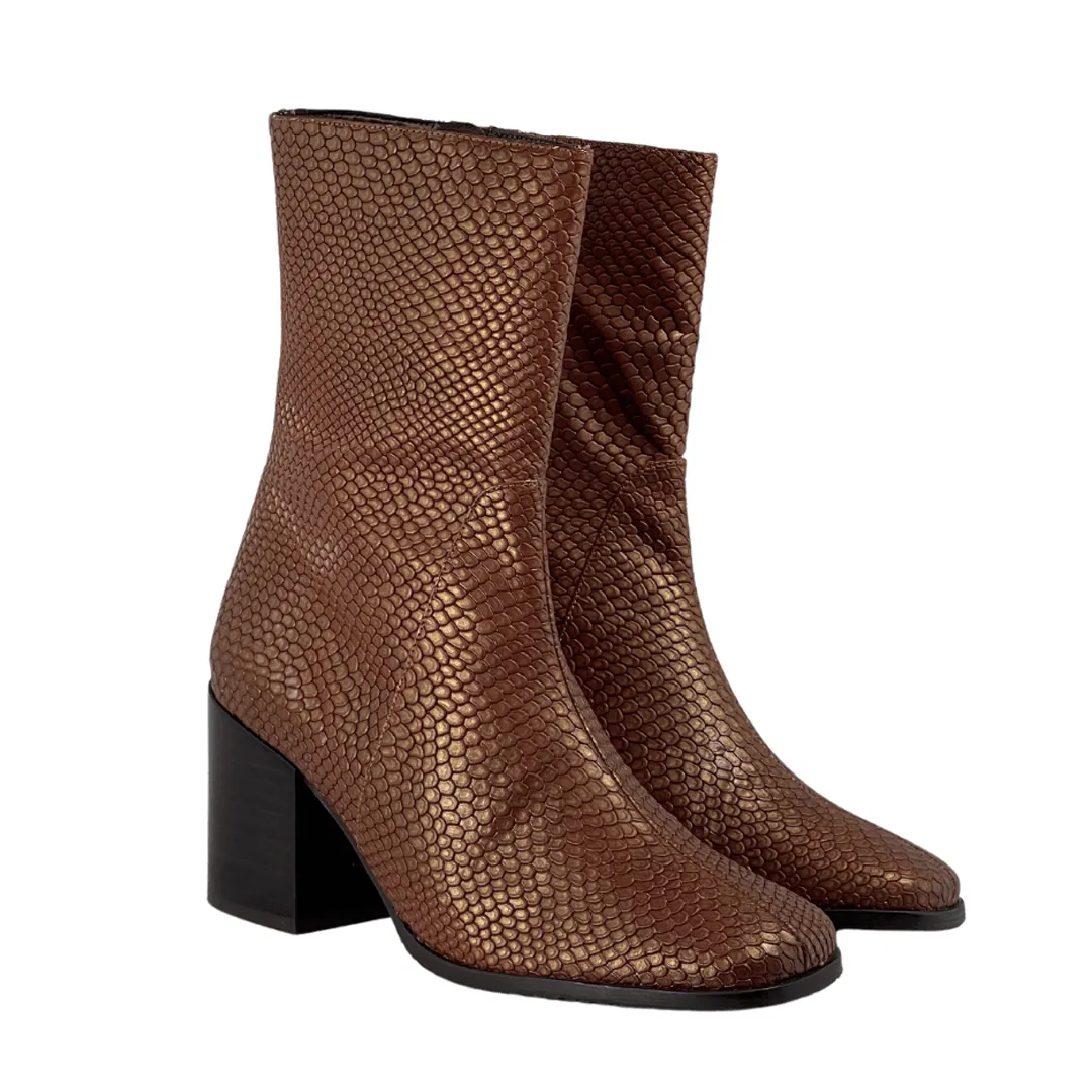 'Menos' faux-snakeskin vegan mid-calf boot by Zette Shoes - cognac Adventure Driven