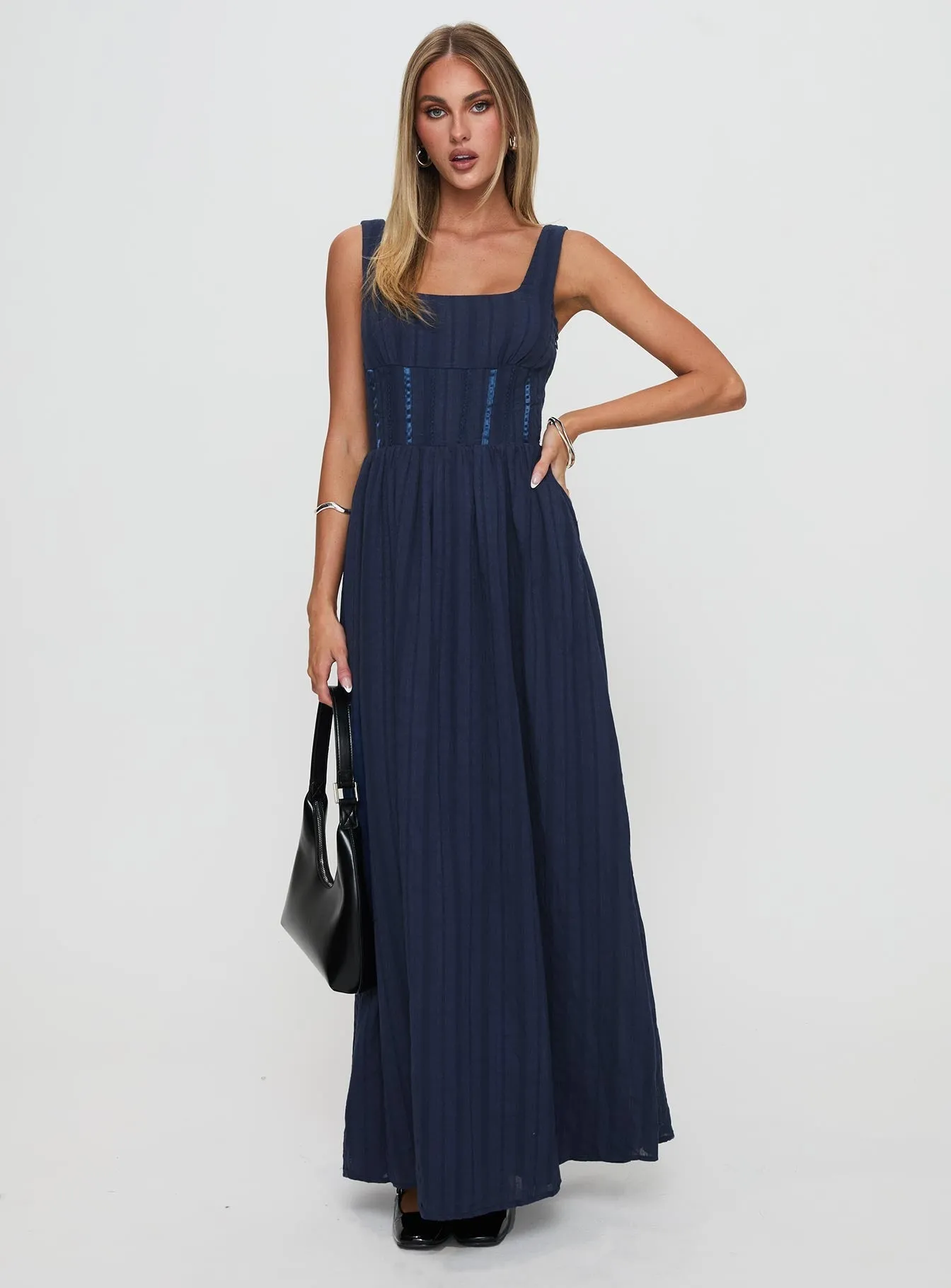 Lorinda Maxi Dress Navy Side Slit Silky-Lining