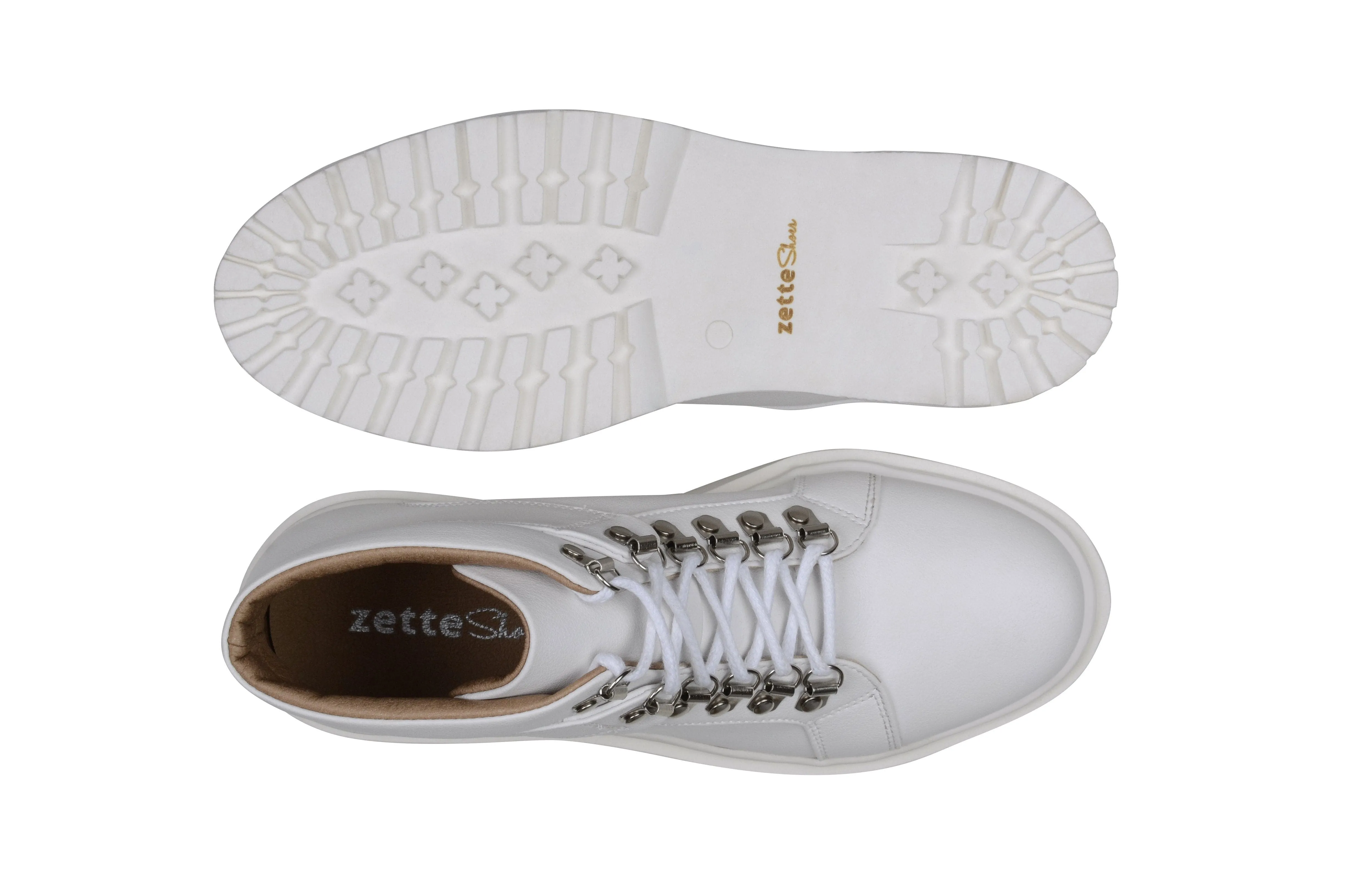 Abrasion Resistant Lace Mixed Textures 'Gen' vegan leather lace-up boot by Zette Shoes - white