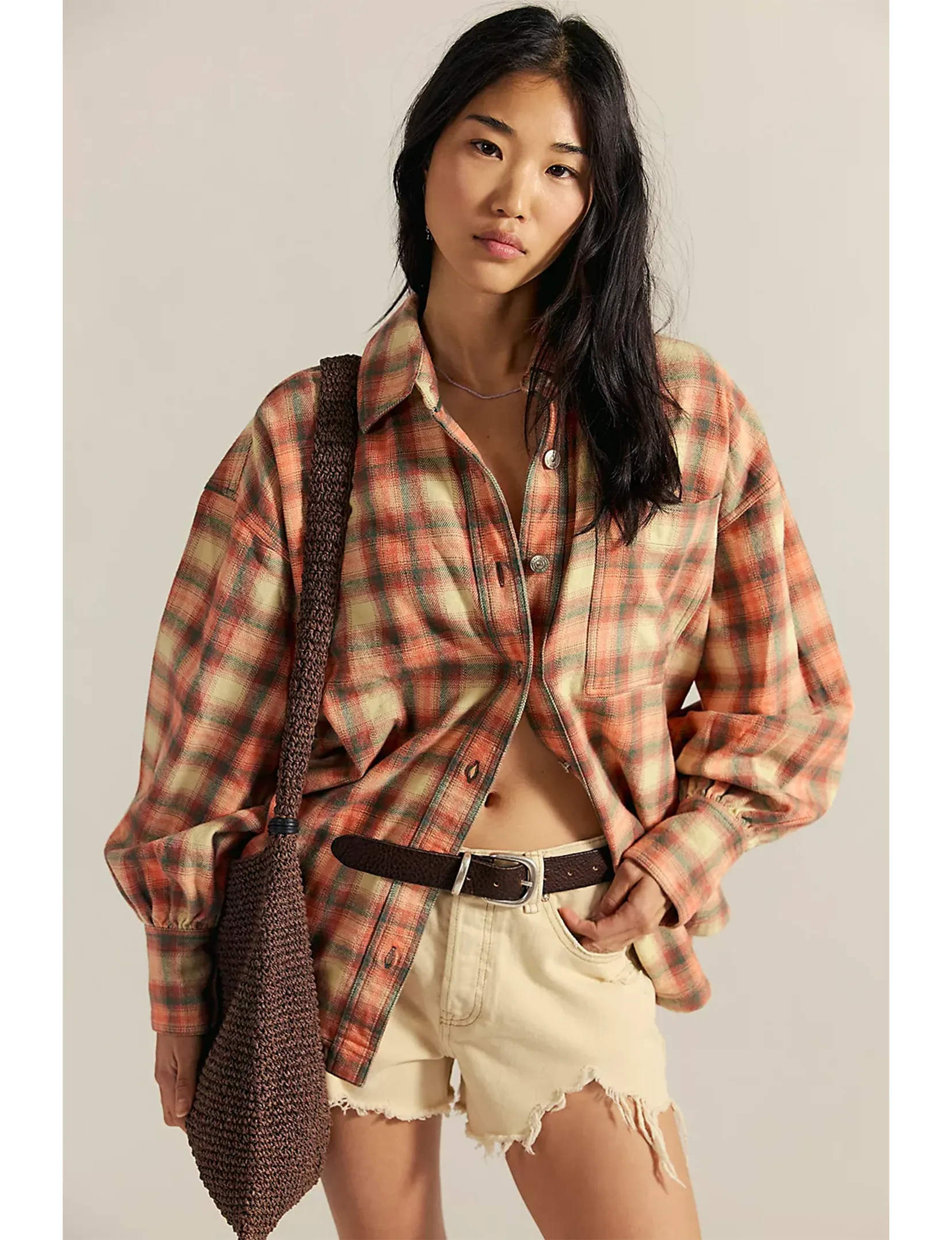 Ashley Plaid Shirt, Sand Combo/Gia Soft Cotton Feel
