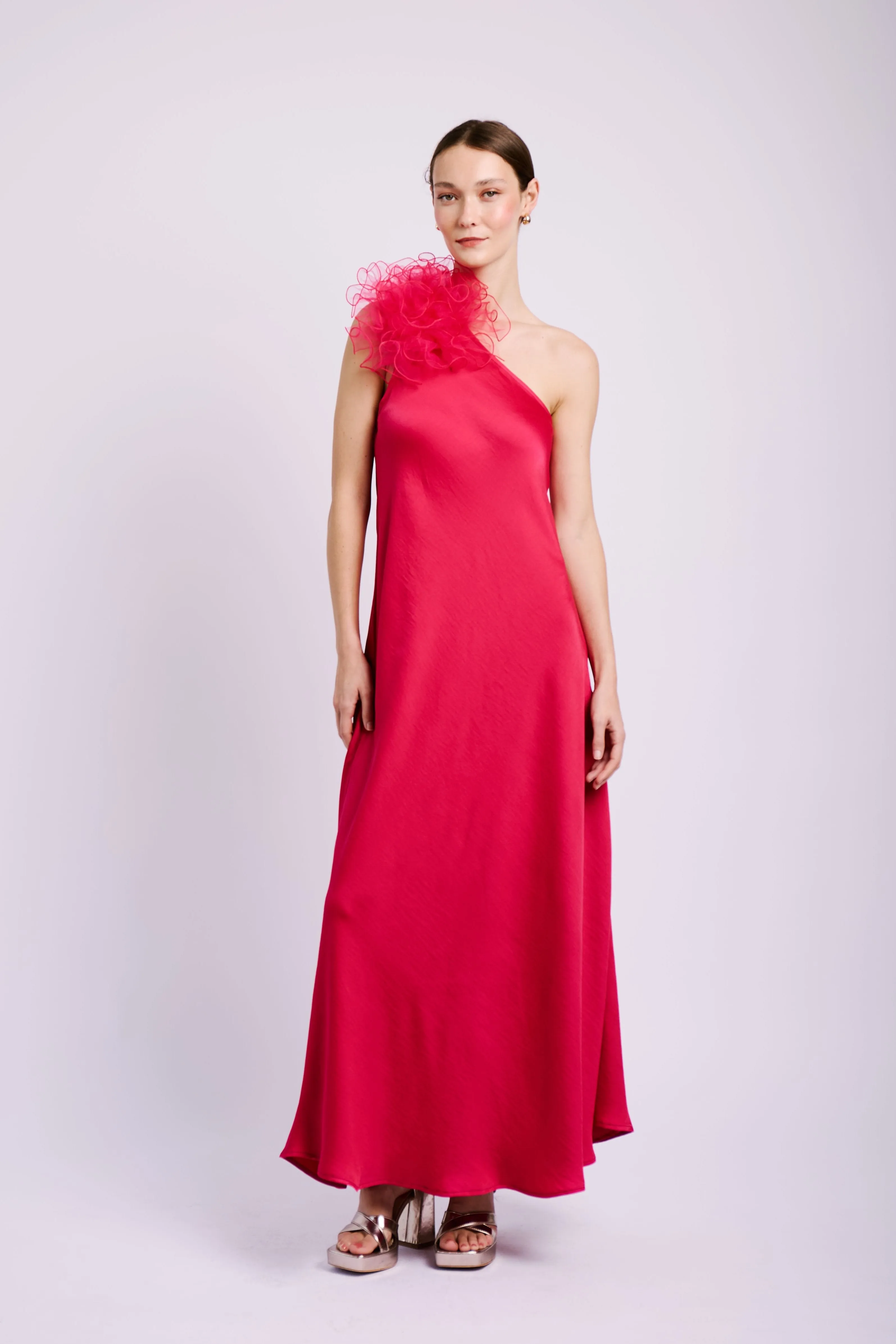 Structured Fit Joy Glow Asymmetrical Flower Dress in Cerise