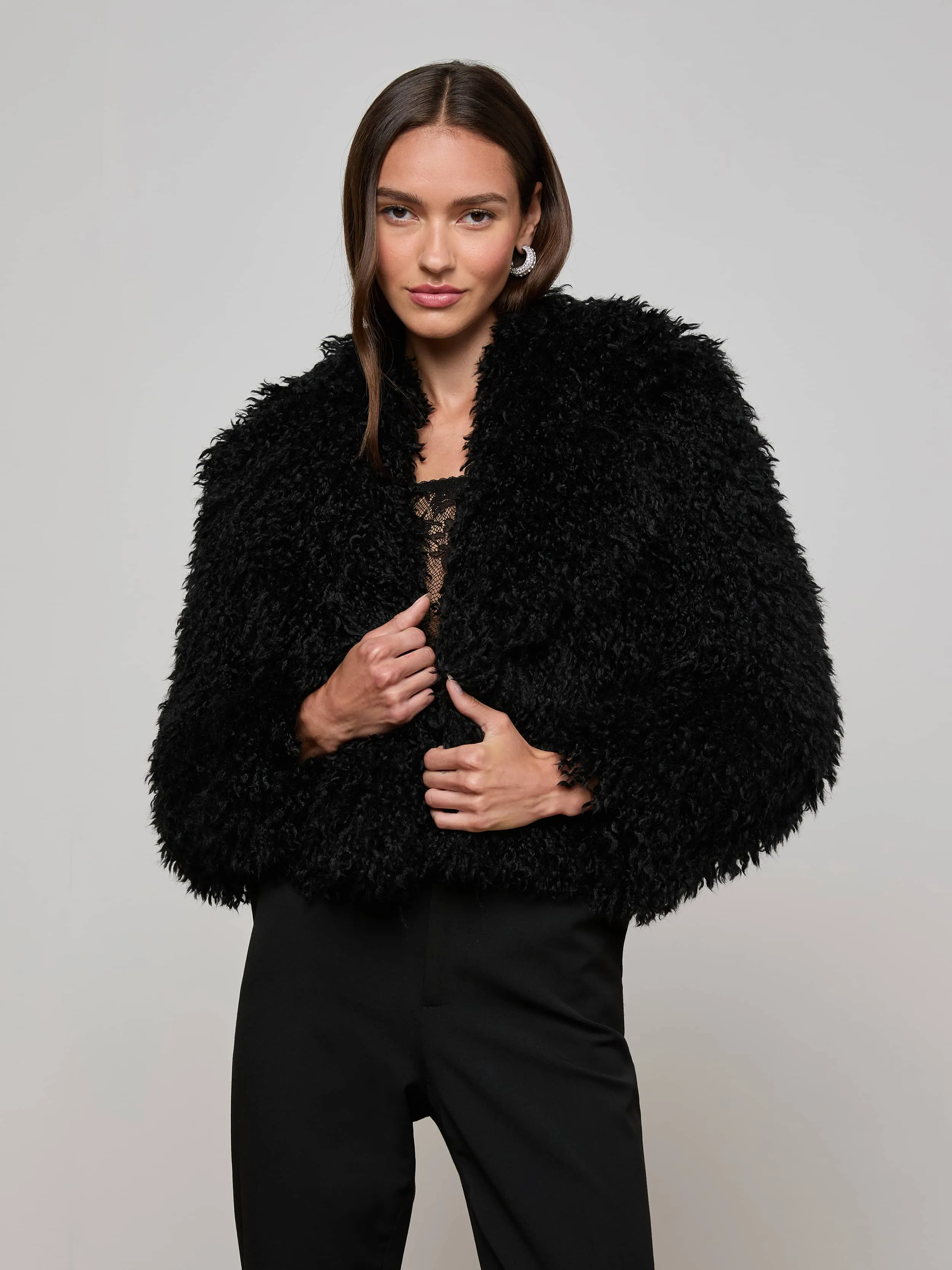Articulated Knees Aura Cropped Faux Fur Jacket