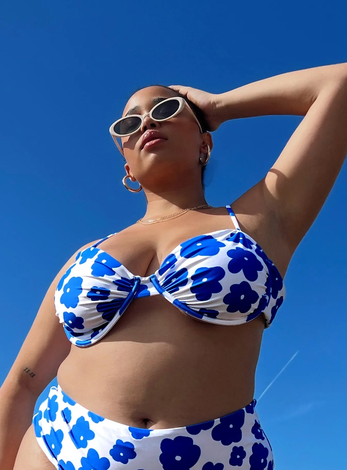 UPF Protective Lining Anti Sag Reinforced Stitching Avani Eco Nylon Bikini Top Blue Multi Curve