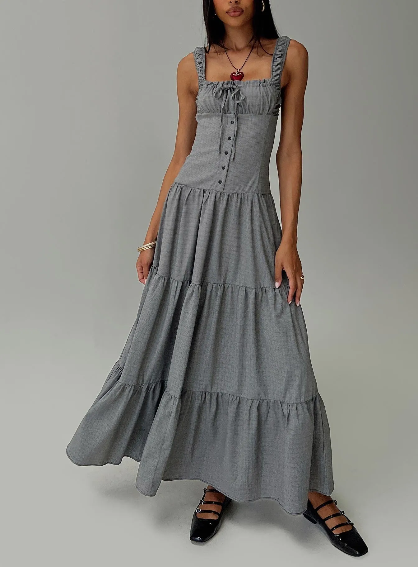 Ballerina Maxi Dress Onyx Gingham Neutral Mood Smart and Sleek