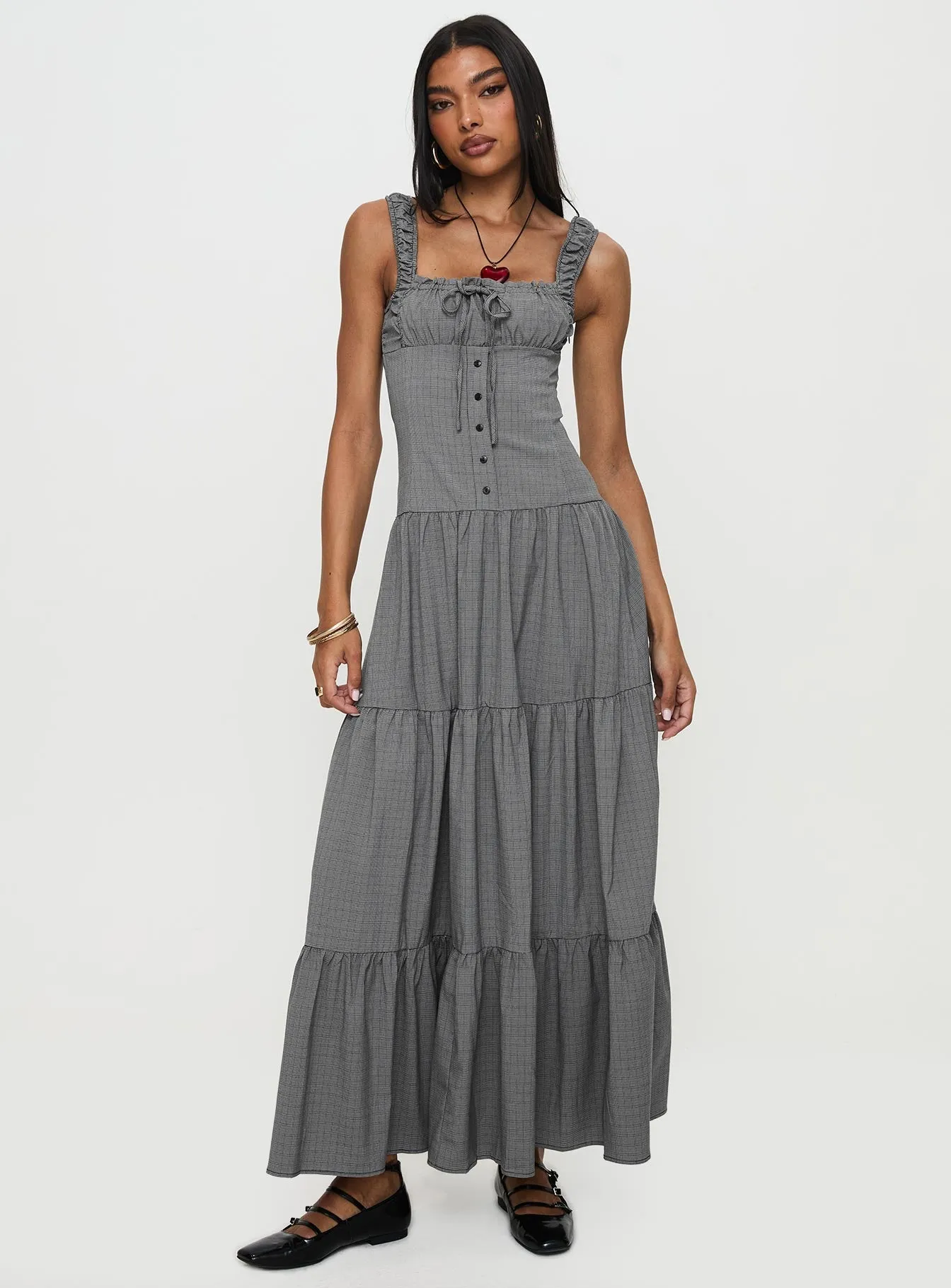 Ballerina Maxi Dress Onyx Gingham Jewel Accent Slim-fit