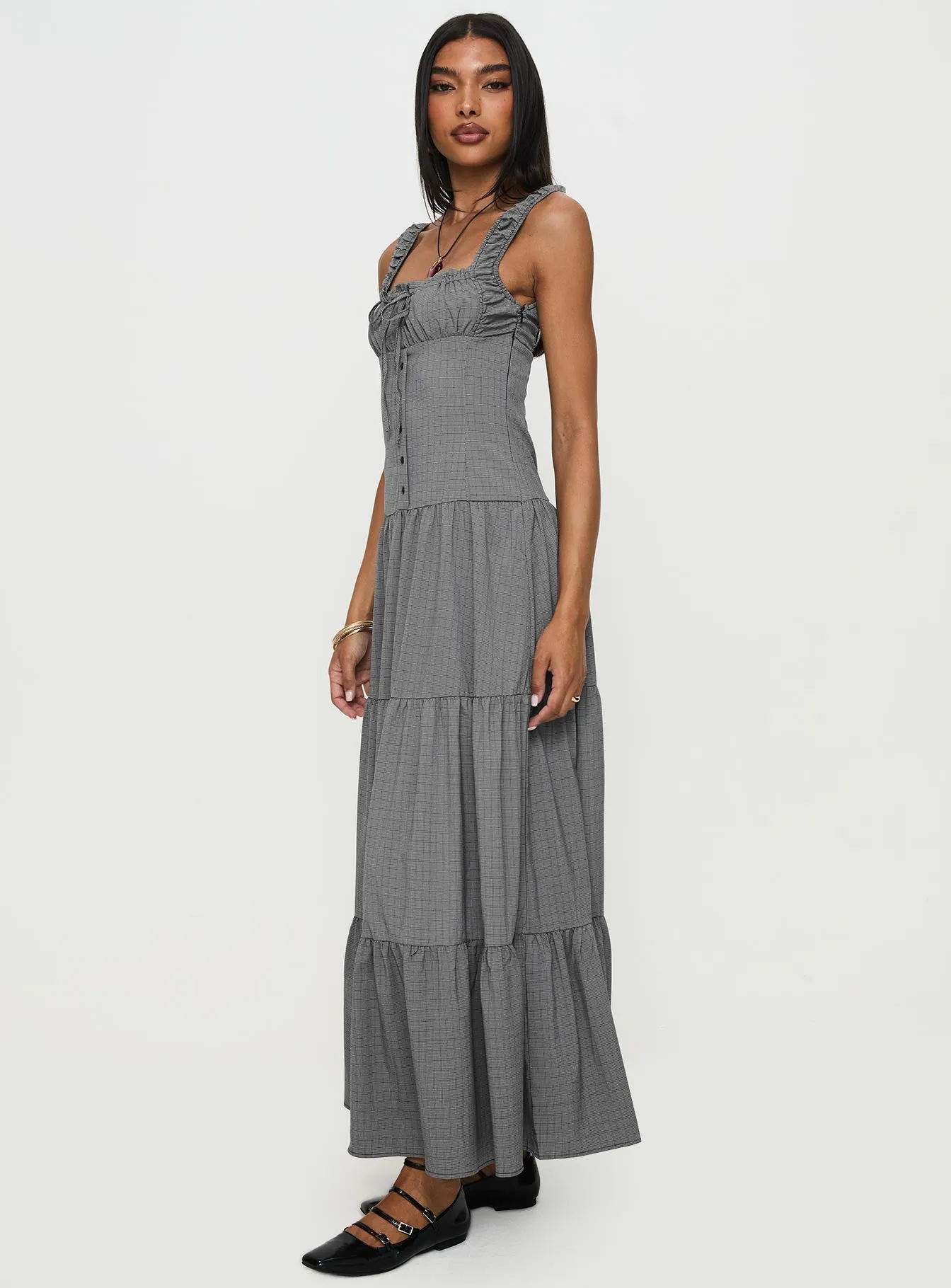 Comfort Layer Wear Shiny Zip Ballerina Maxi Dress Onyx Gingham
