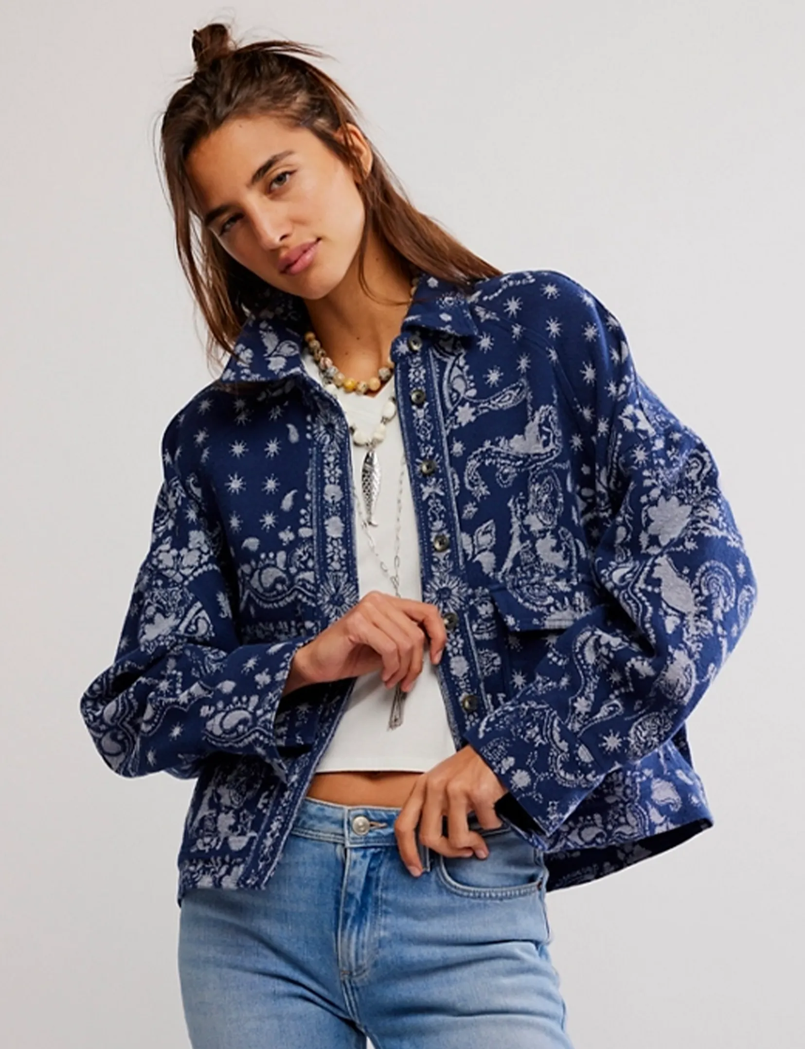 Athletic Wear Breathable Yarn Composition Bandana Jacquard Shirt, Indigo/Combo