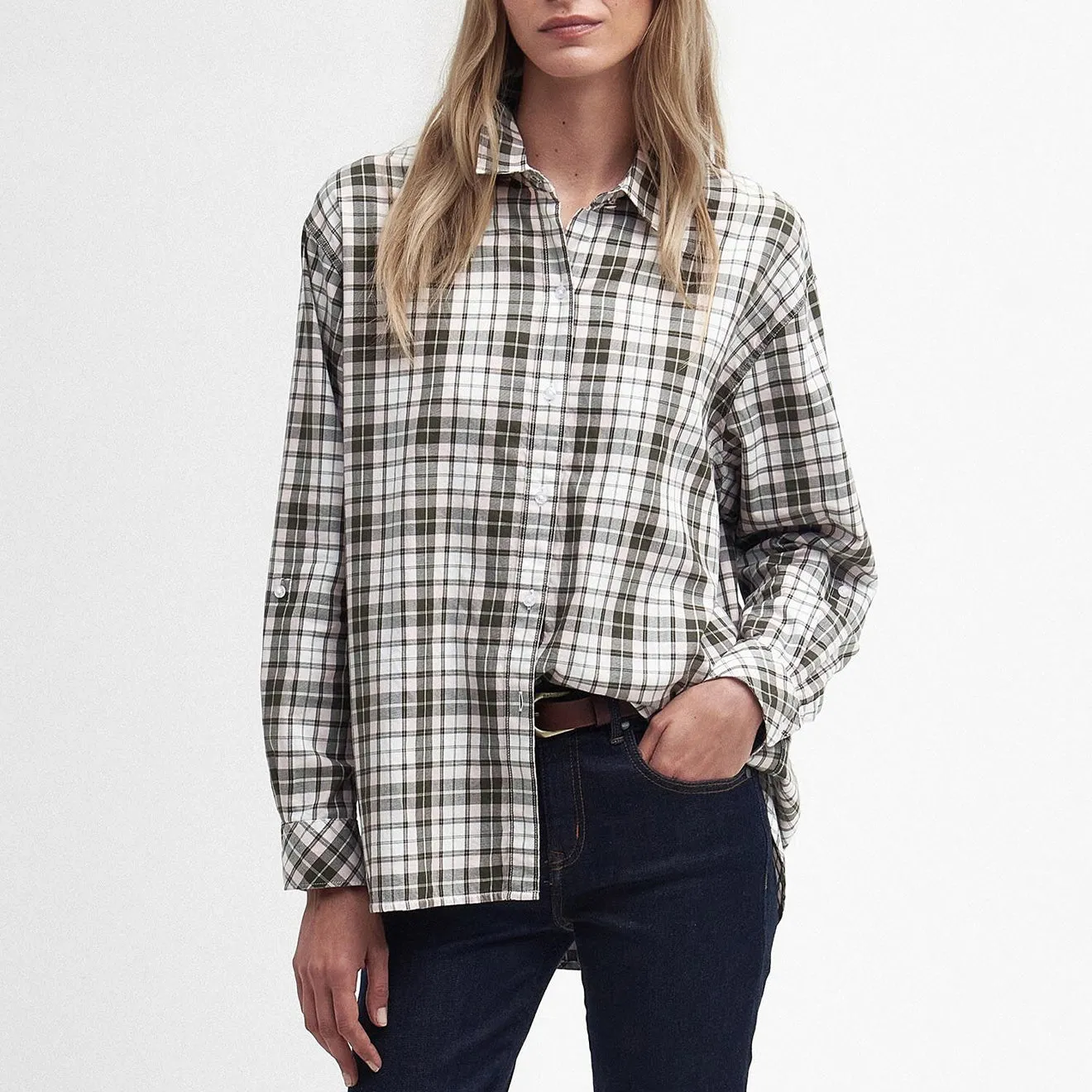 Barbour Womens Angelonia Oversized Shirt Olive Check Bold Fashion