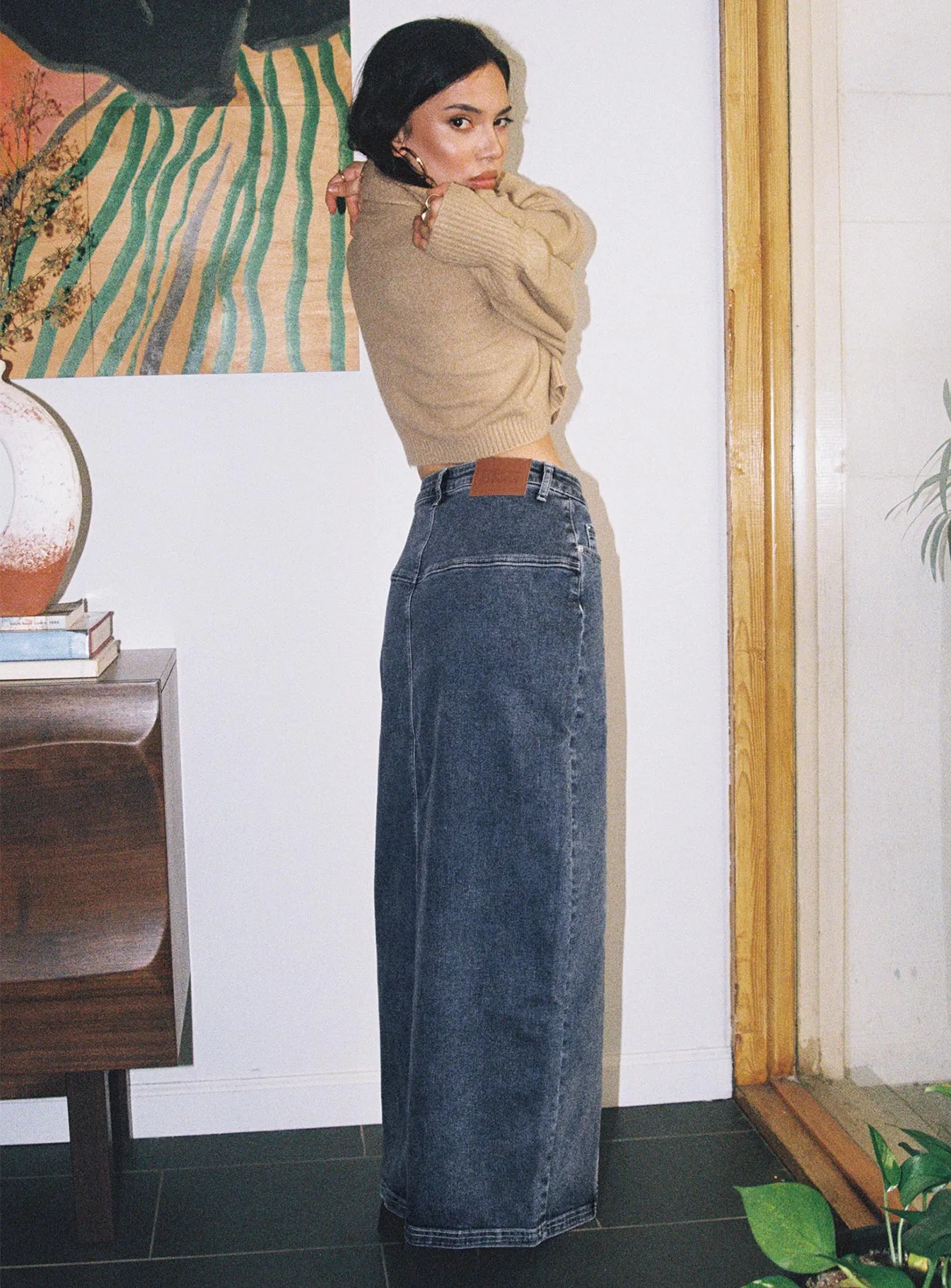 Batkins Maxi Skirt Dark Wash Denim Petite Tiered Layers Sustainable Fabric