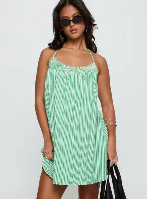 Flutter-Sleeve Winx Halter Mini Dress Green Stripe