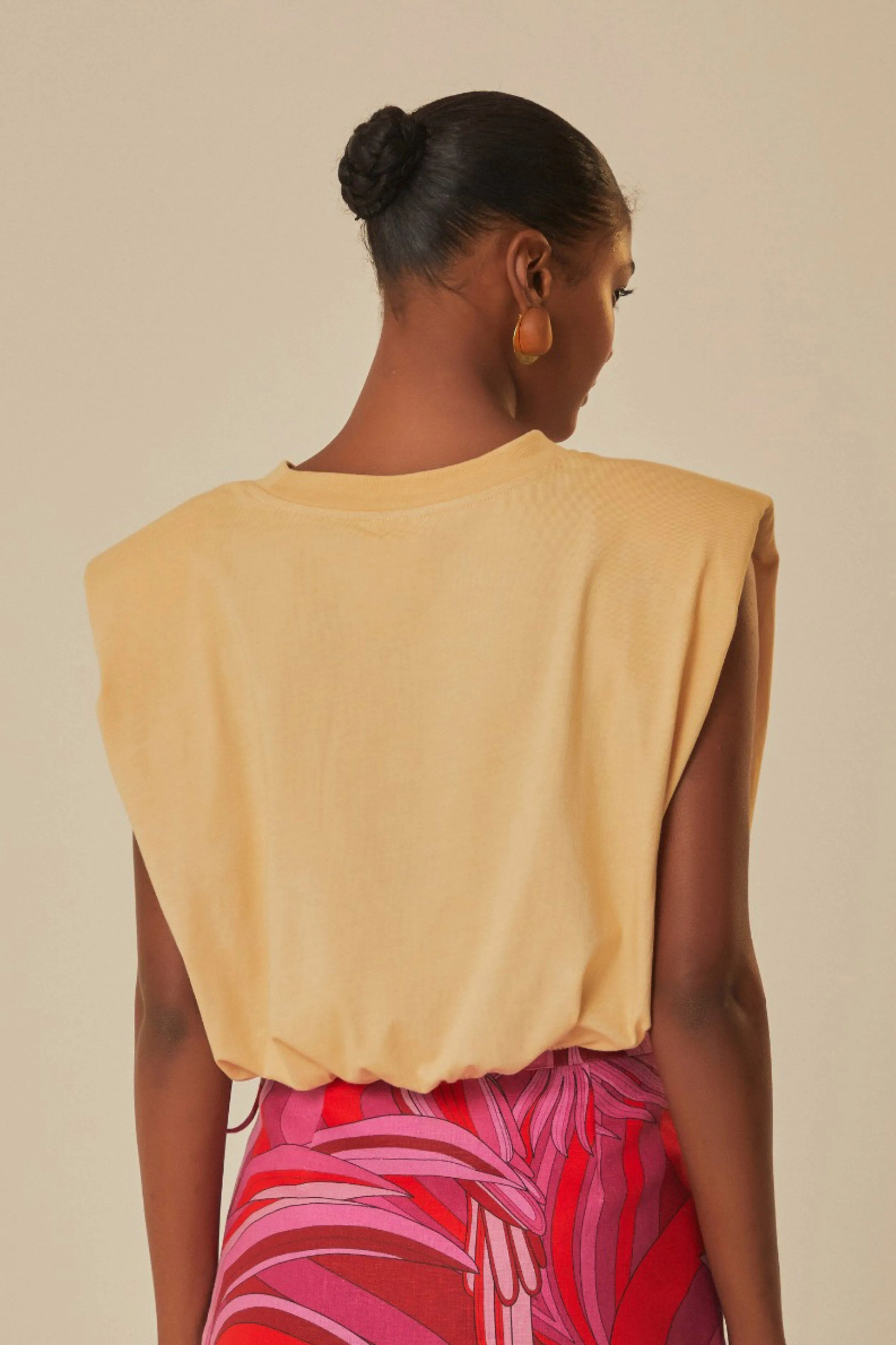 Beige Summer In The Tropics Shoulder Pad Organic Cotton T-Shirt Eco Friendly Production