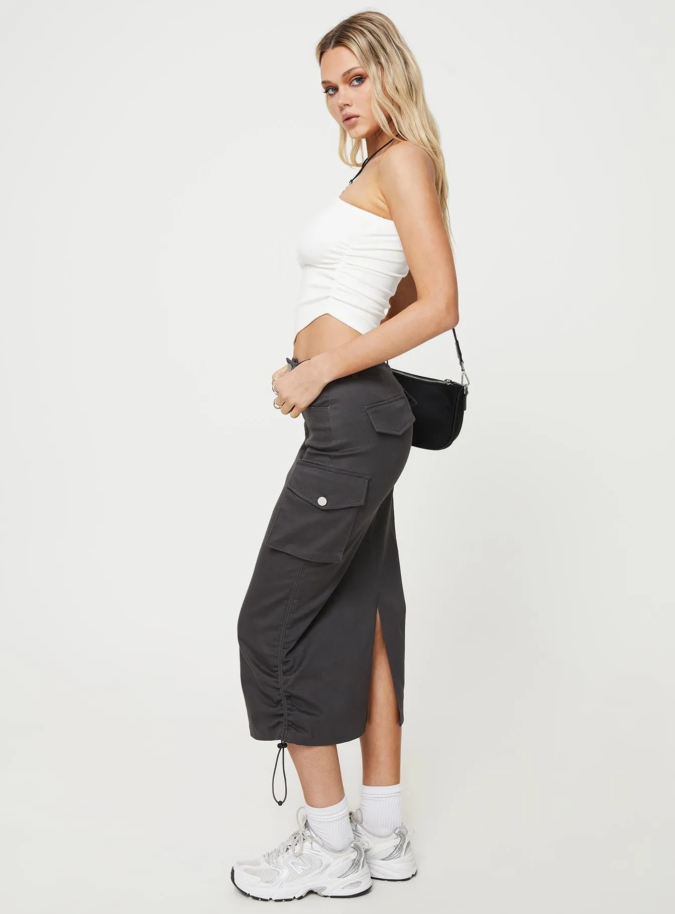Bellows Cargo Midi Skirt Washed Black Gentle Flow Bohemian vibe