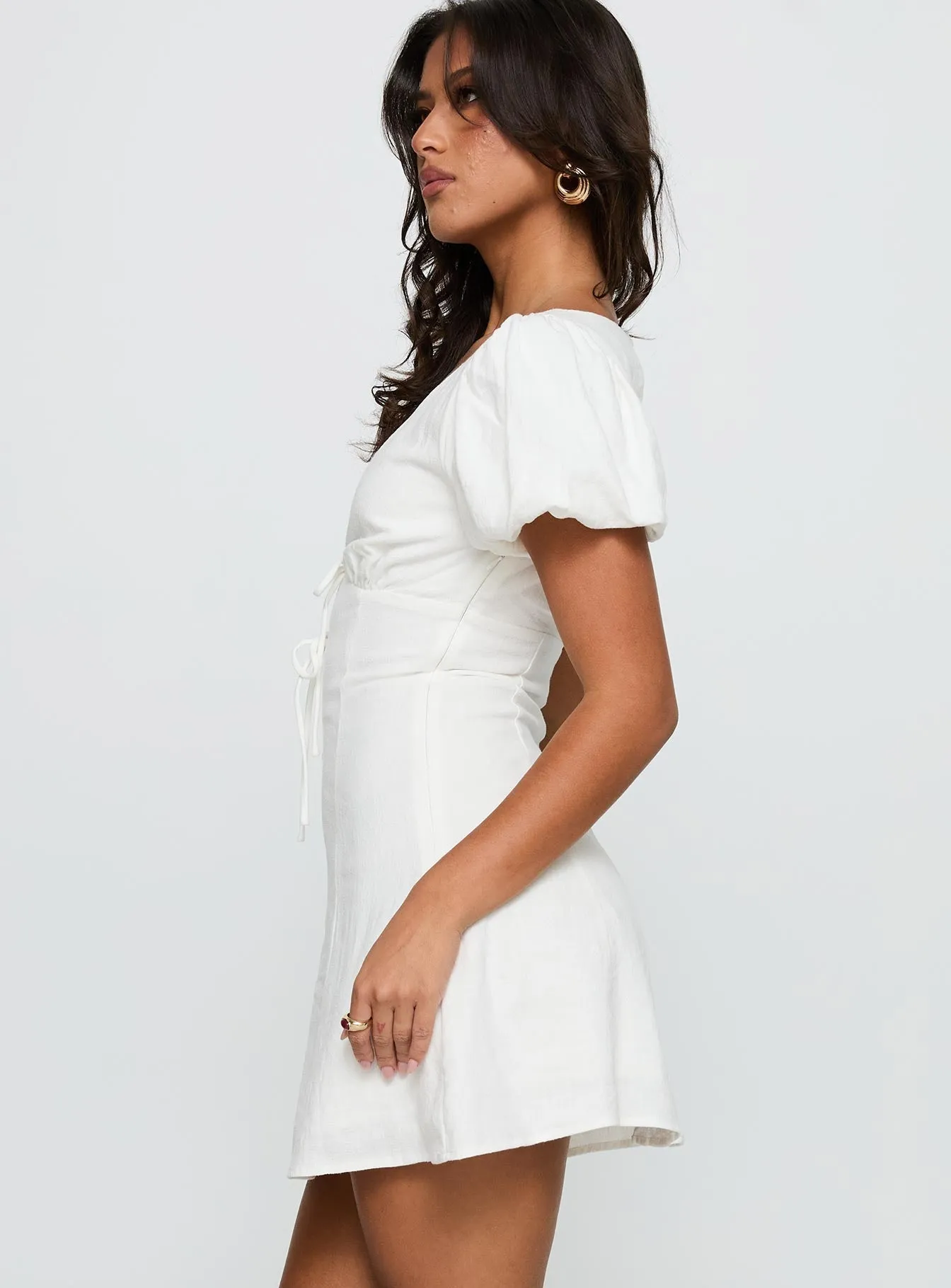 Beloved Puff Sleeve Linen Blend Mini Dress White Urban Drape