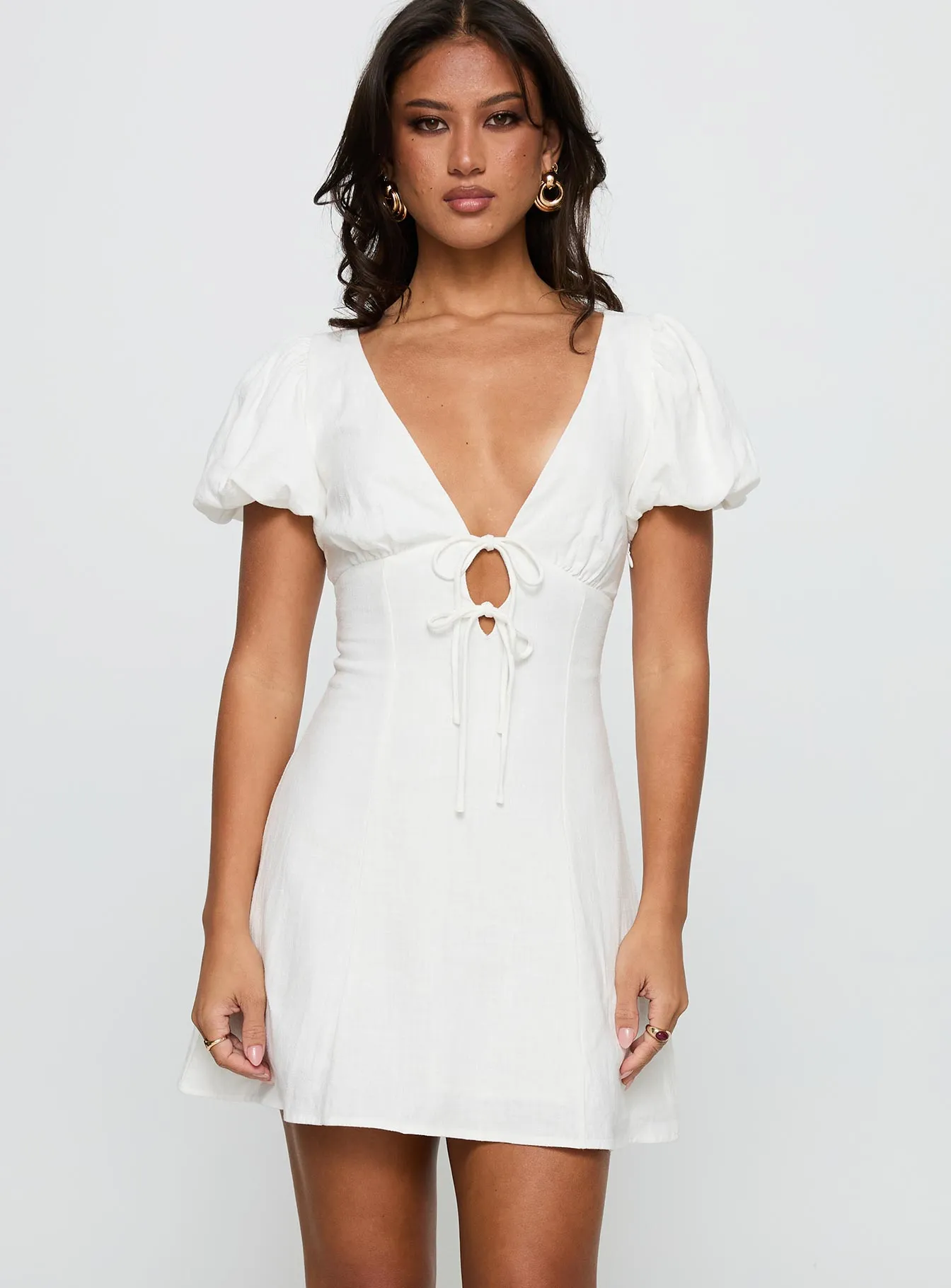 Life Soft Asymmetric-Neck Beloved Puff Sleeve Linen Blend Mini Dress White