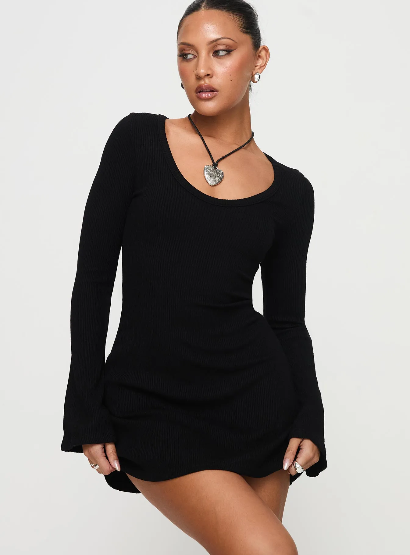 Comfort Waist Fit Best Interest Long Sleeve Mini Dress Black