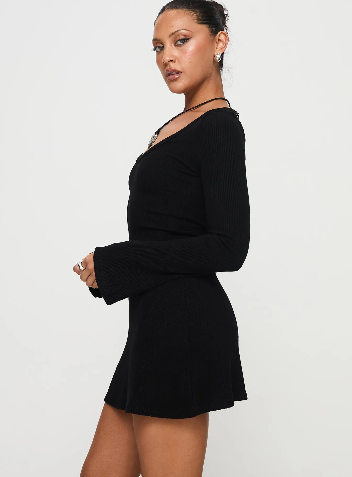 Best Interest Long Sleeve Mini Dress Black Dropped-Waist Fitted Neat
