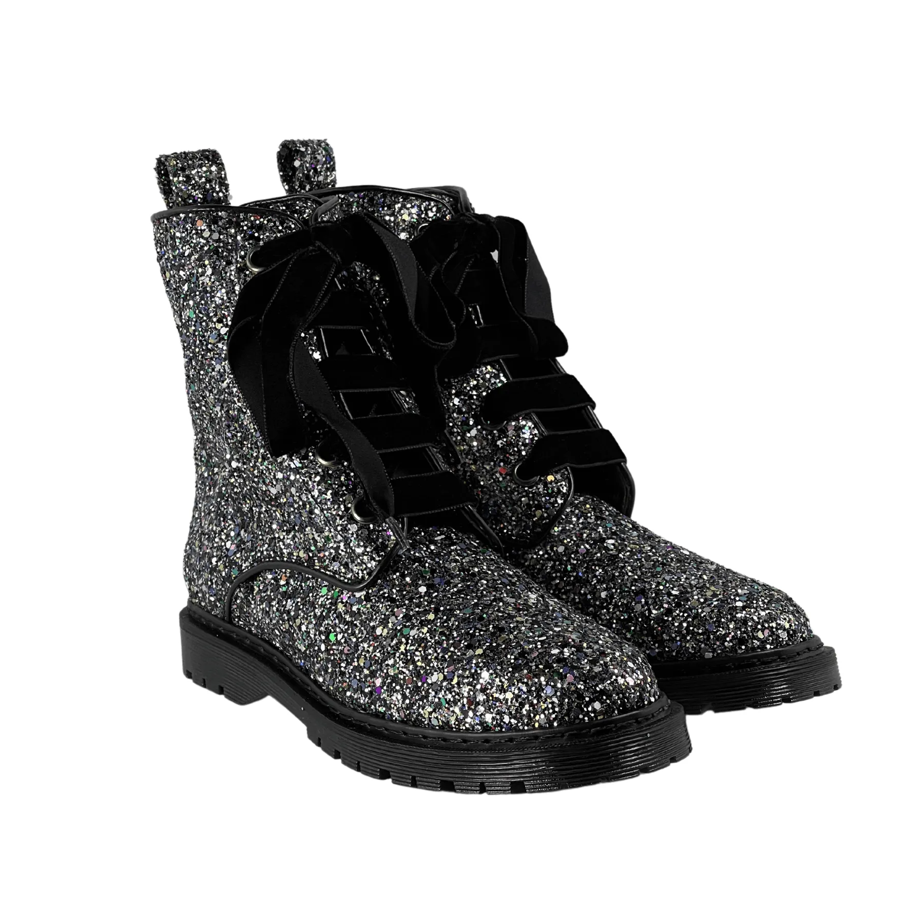 'Billie' vegan combat boots by Zette Shoes - silver glitter Chukka Silhouette Neutral Finish