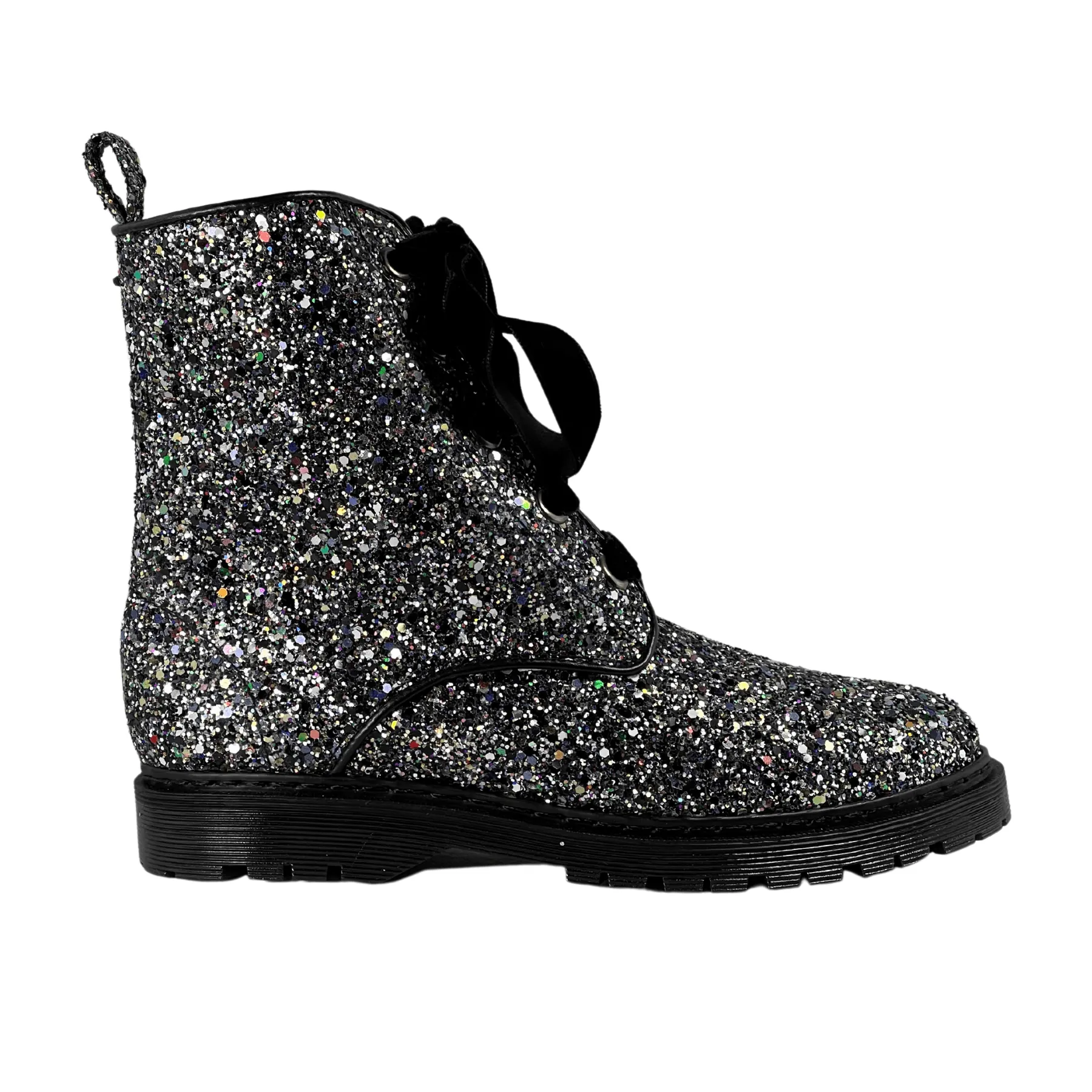 'Billie' vegan combat boots by Zette Shoes - silver glitter Soft Leather Animal Spot