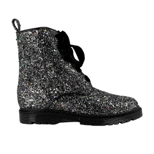 'Billie' vegan combat boots by Zette Shoes - silver glitter Soft Leather Animal Spot