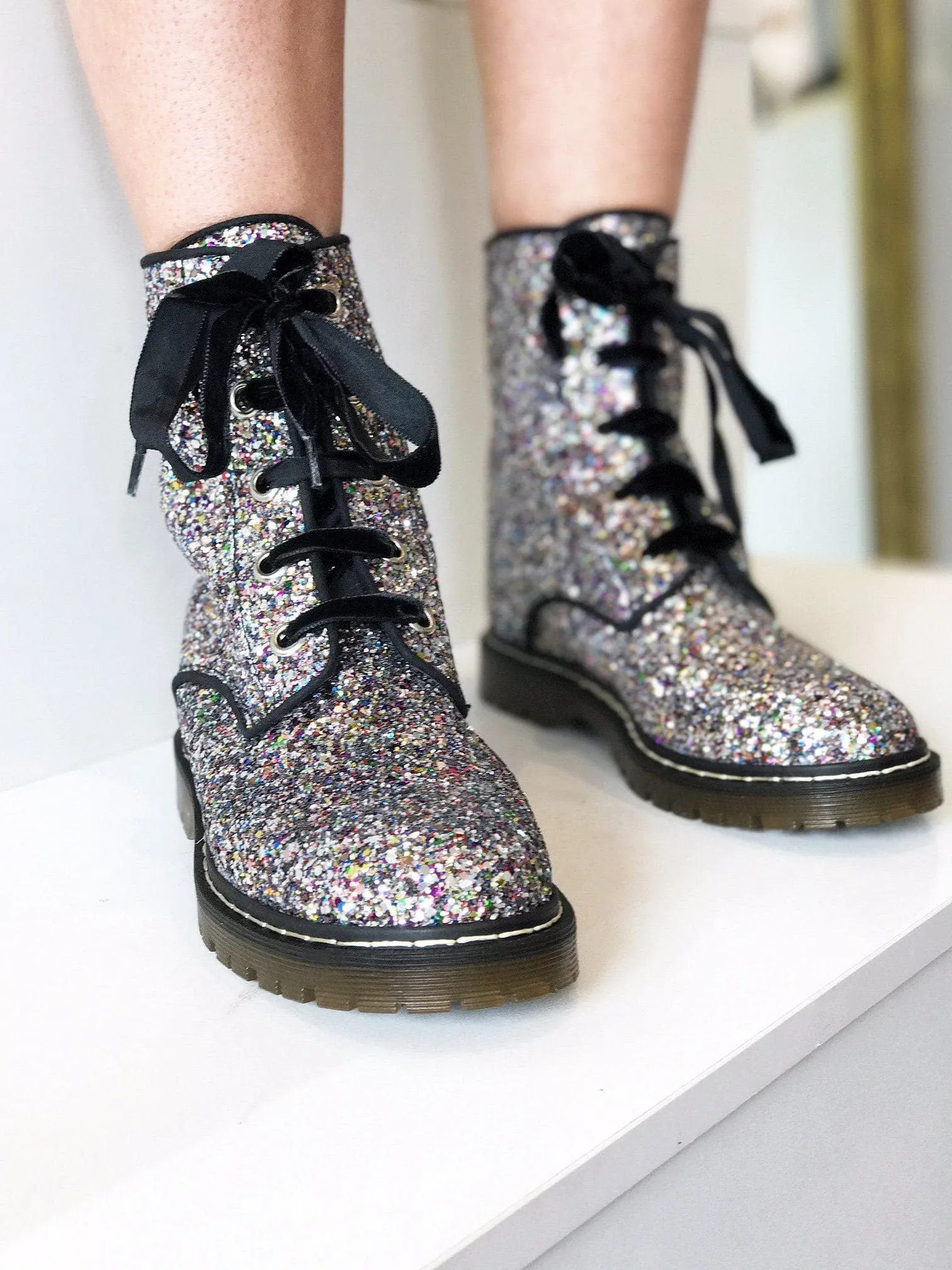 Strong Sole 'Billie' vegan combat boots by Zette Shoes - Silver/Multicolour Glitter