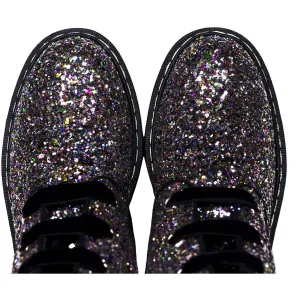 'Billie' vegan combat boots by Zette Shoes - Silver/Multicolour Glitter All Weather Urban Traveler