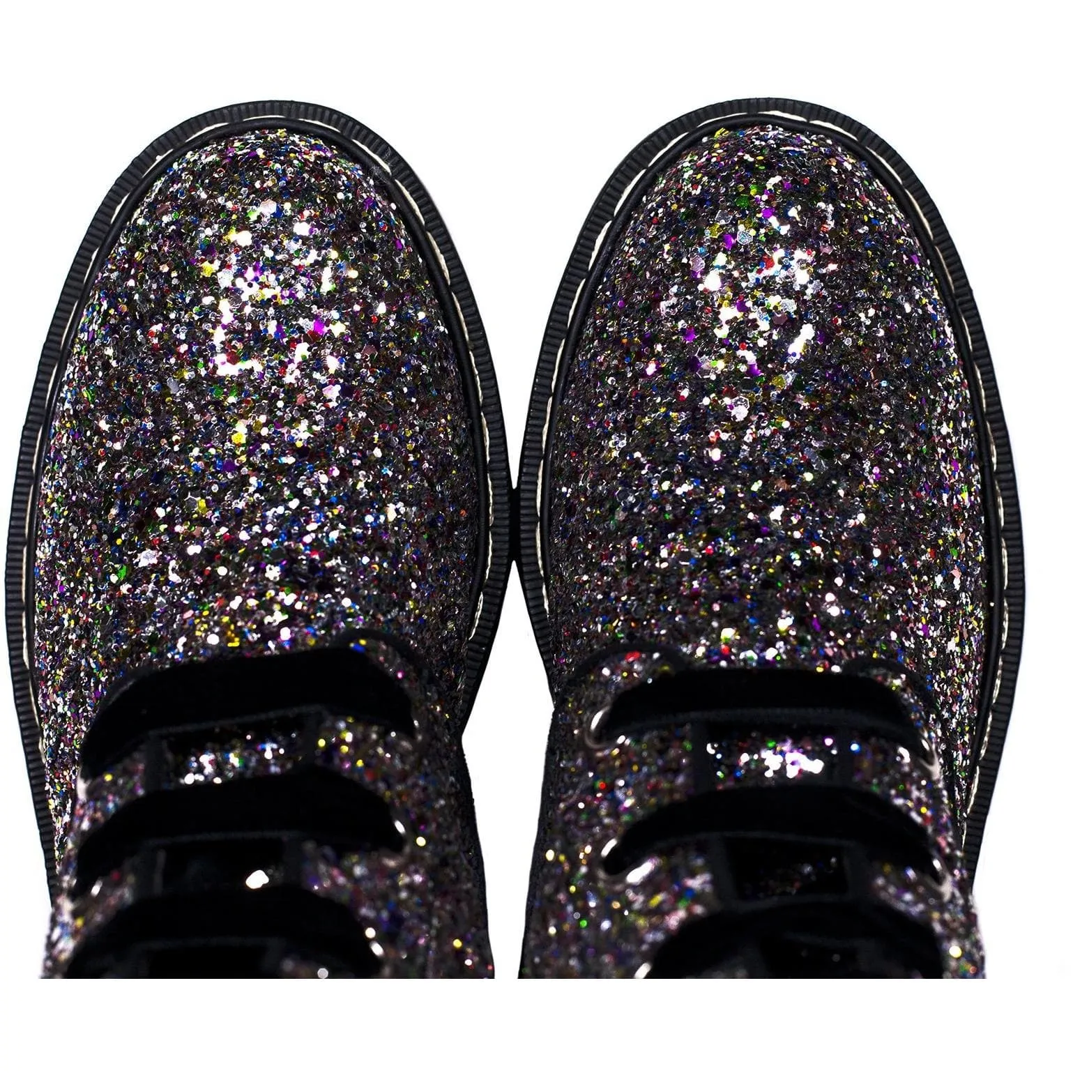 'Billie' vegan combat boots by Zette Shoes - Silver/Multicolour Glitter All Weather Urban Traveler