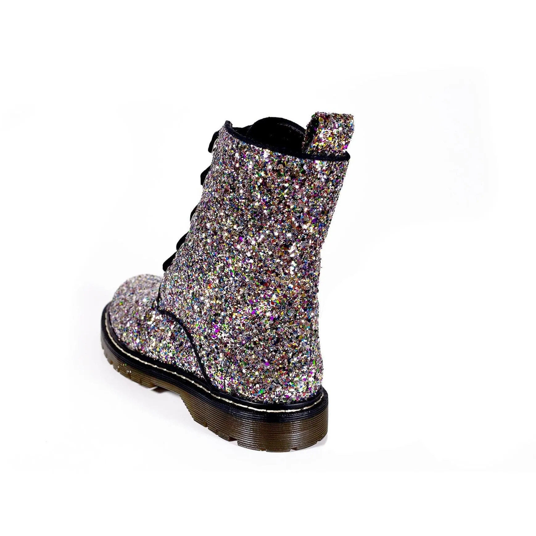 Noise Reducing Sole 'Billie' vegan combat boots by Zette Shoes - Silver/Multicolour Glitter