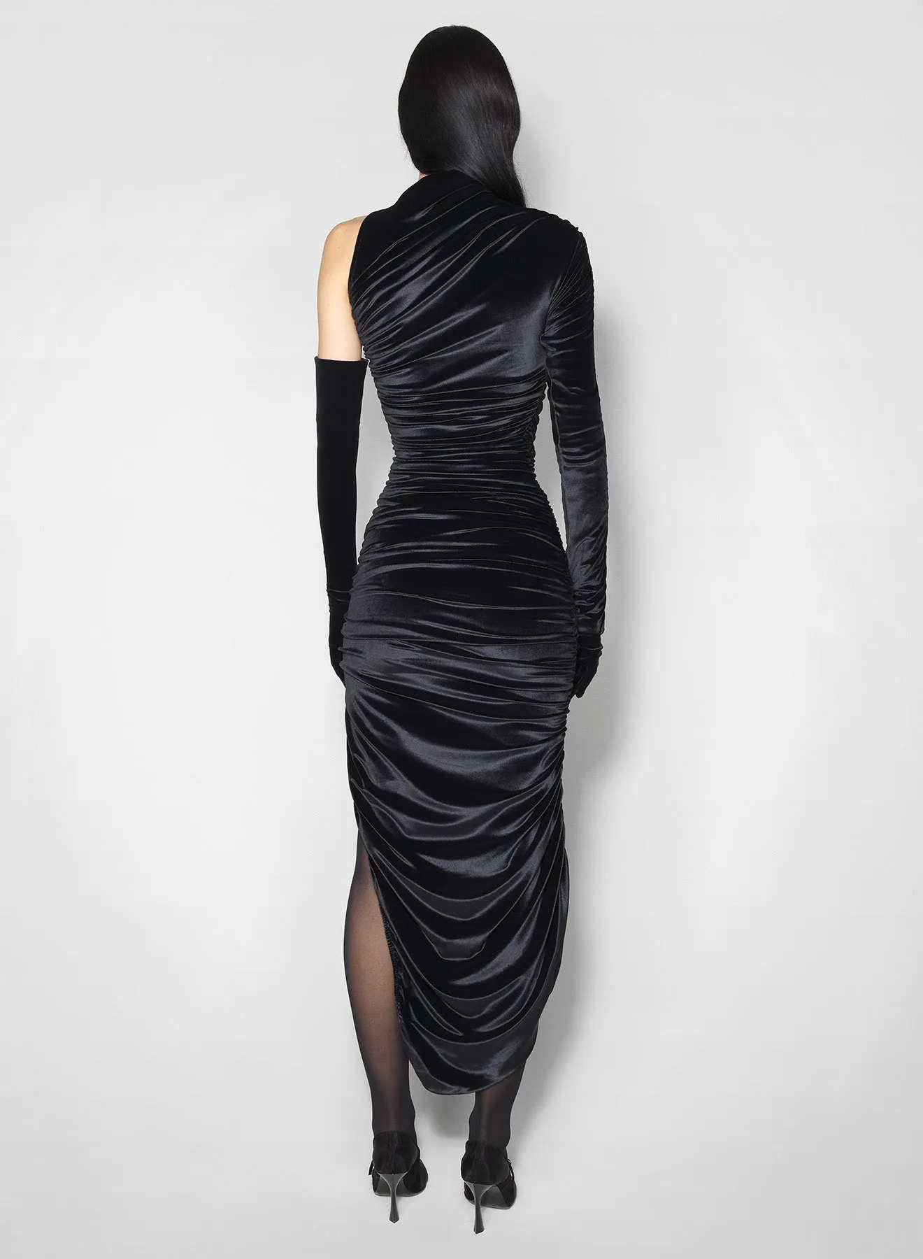 black asymmetric ruched velvet dress Jewel-Tone