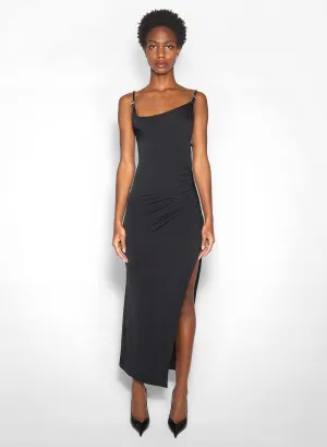 Trendy summer outfit Form Focus black asymmetrical buckled strap dress