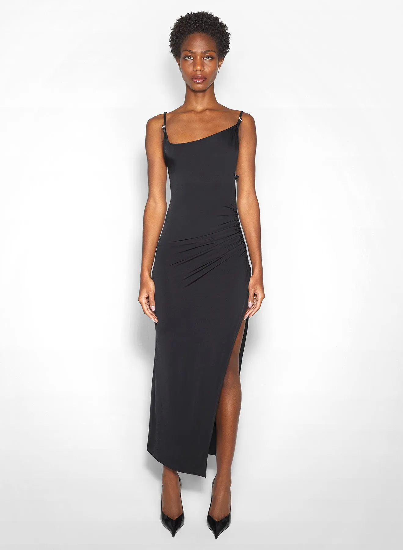 Trendy summer outfit Form Focus black asymmetrical buckled strap dress