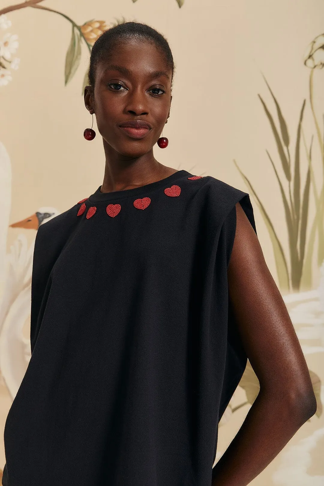 Long Sleeve Black Beaded Hearts T-Shirt