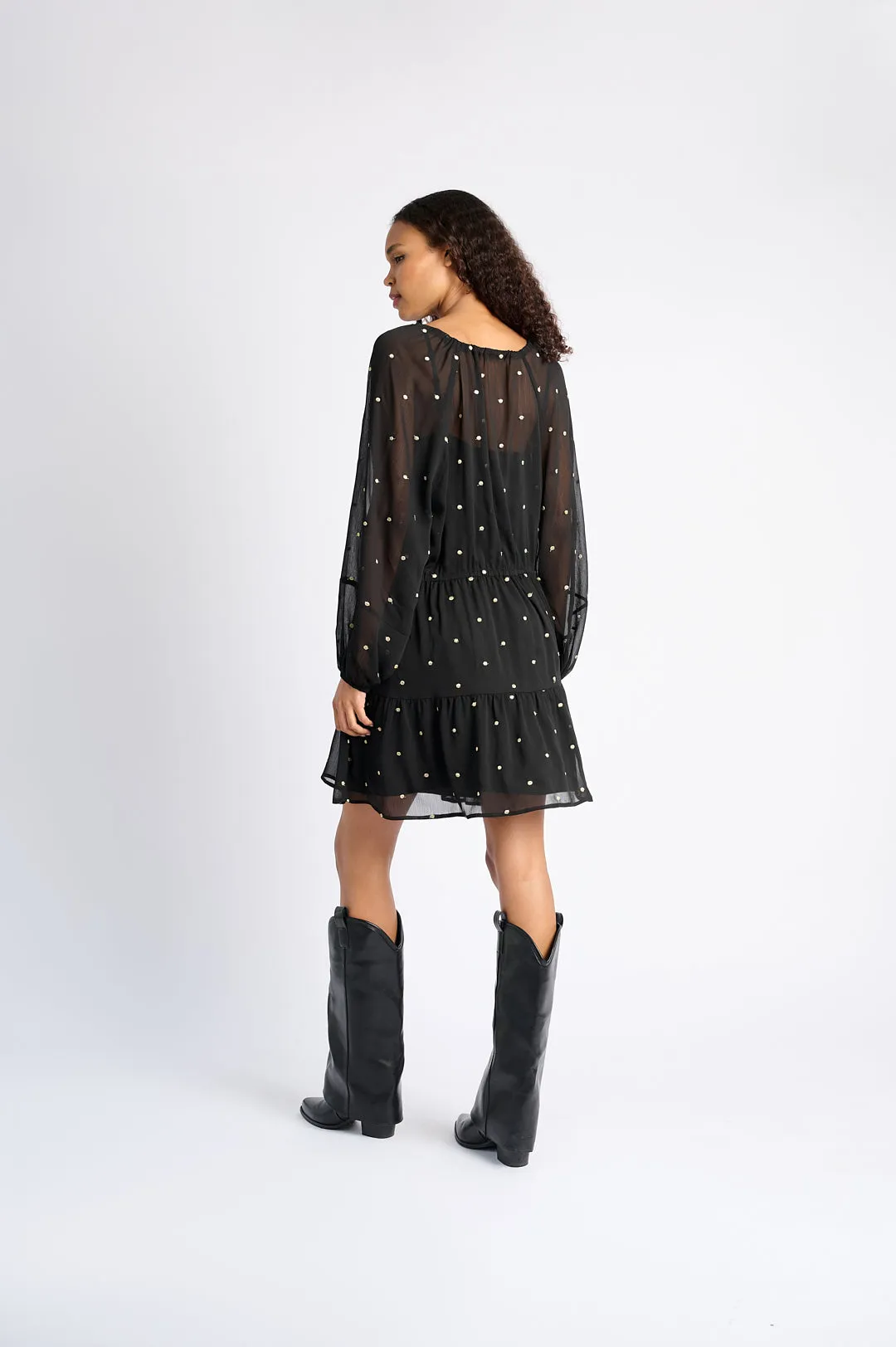 Black Georgette Short Dress with Gold Embroidered Spots Elegant Silhouette Beauty Feel