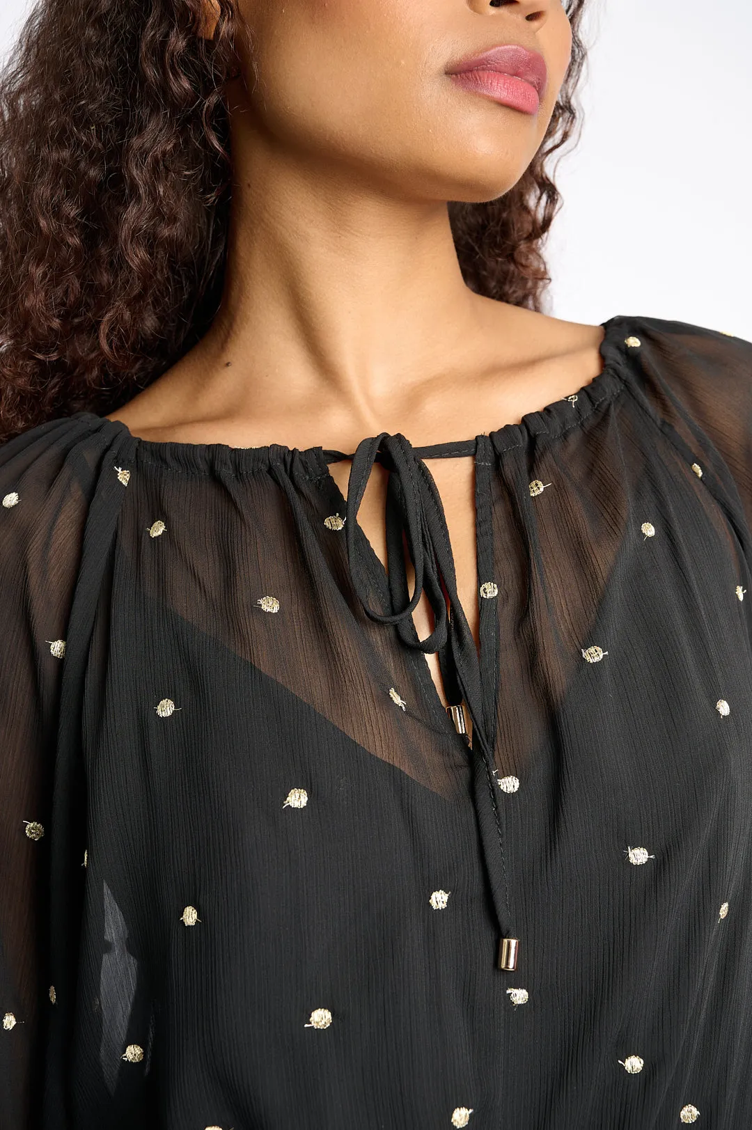 Light Motion Statement-Print Black Georgette Short Dress with Gold Embroidered Spots