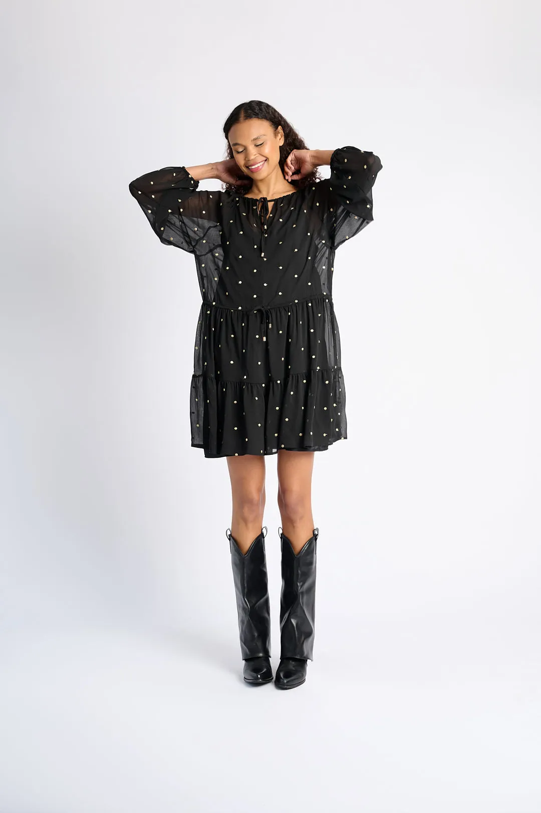 Mesh-Detail Chic and Cozy Wear Black Georgette Short Dress with Gold Embroidered Spots