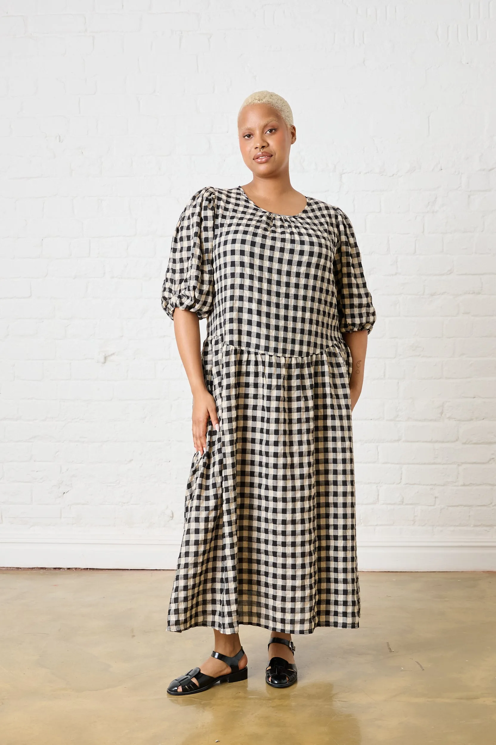 Life Soft Feminine full-length gown Black Gingham Bow Dress