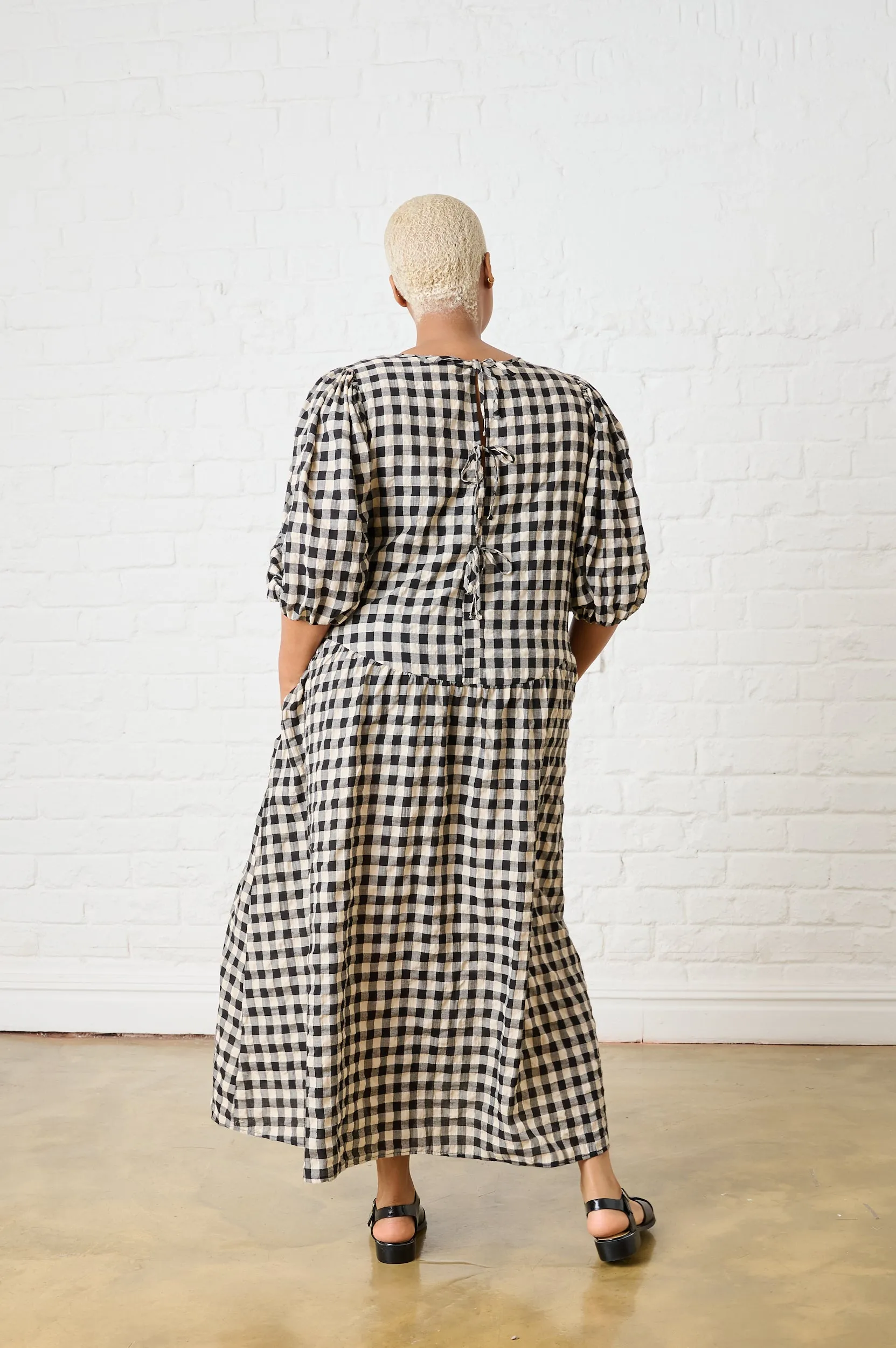 Trendy Appearance Ruffle Detail Black Gingham Bow Dress