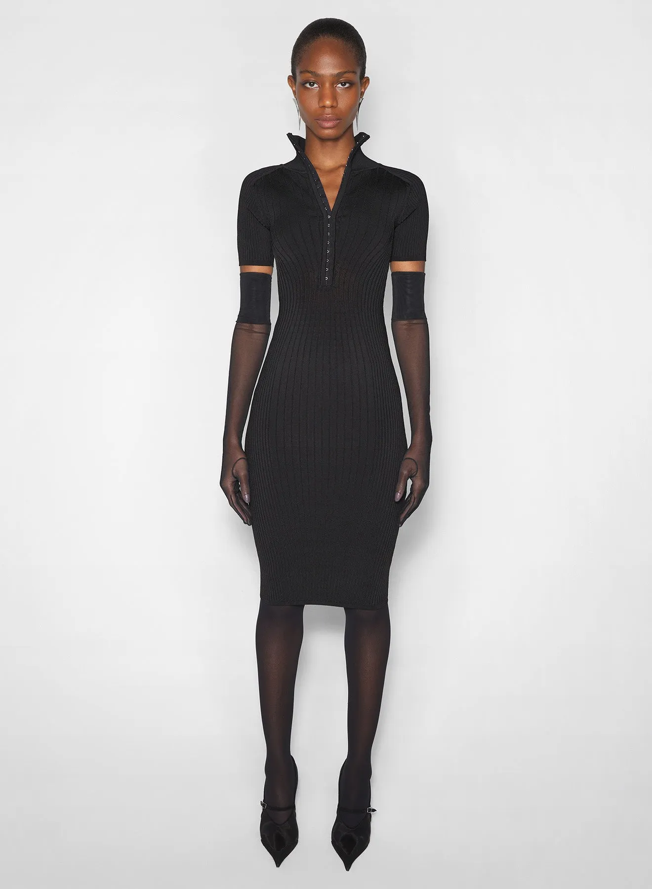 Sharp Fit High-waist black hook-and-eye ribbed dress