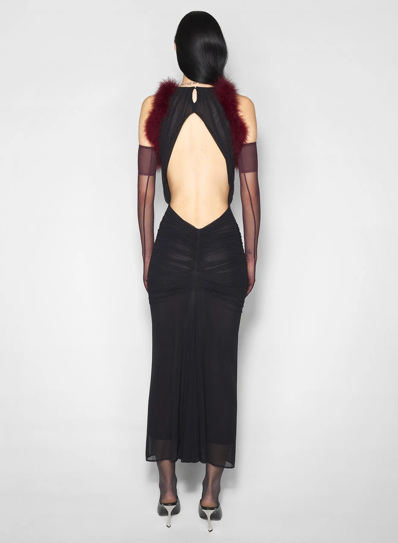 Feminine Vibe Semi Sheer black marabou ruched dress