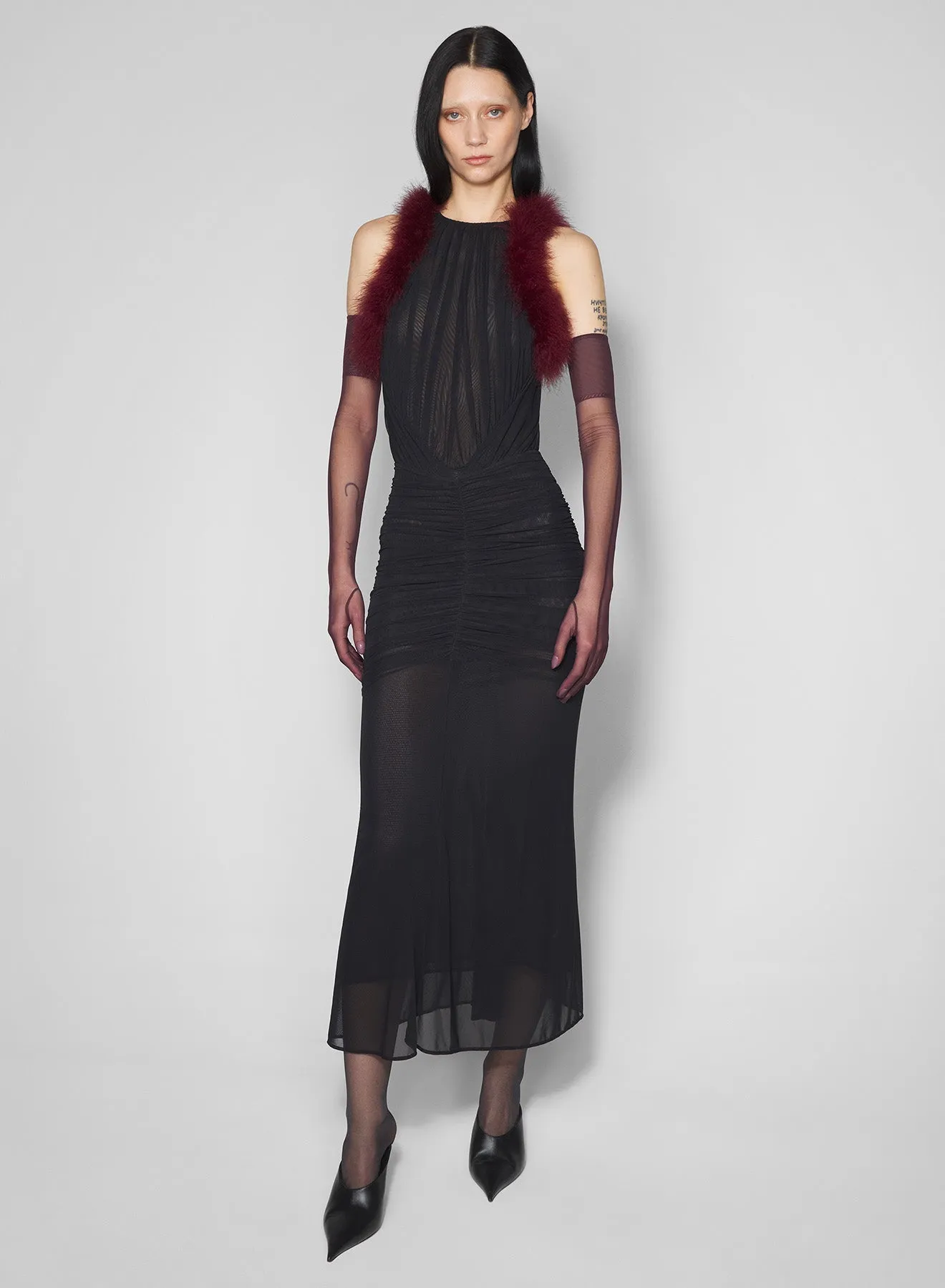 black marabou ruched dress Fall Go Sister Charm