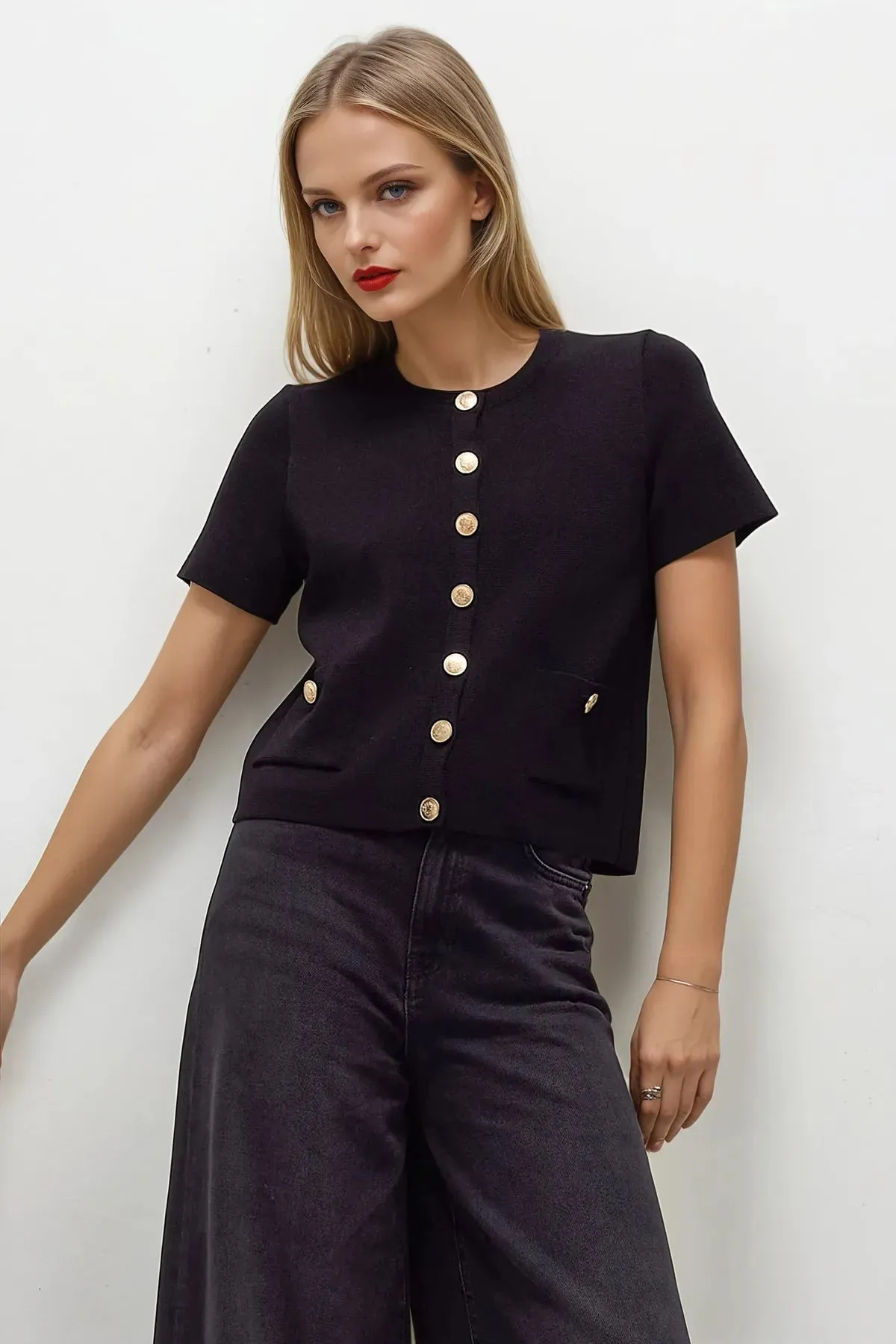 Black Short Sleeve Crew Neck Button Front Cardigan Circular Knit Technology