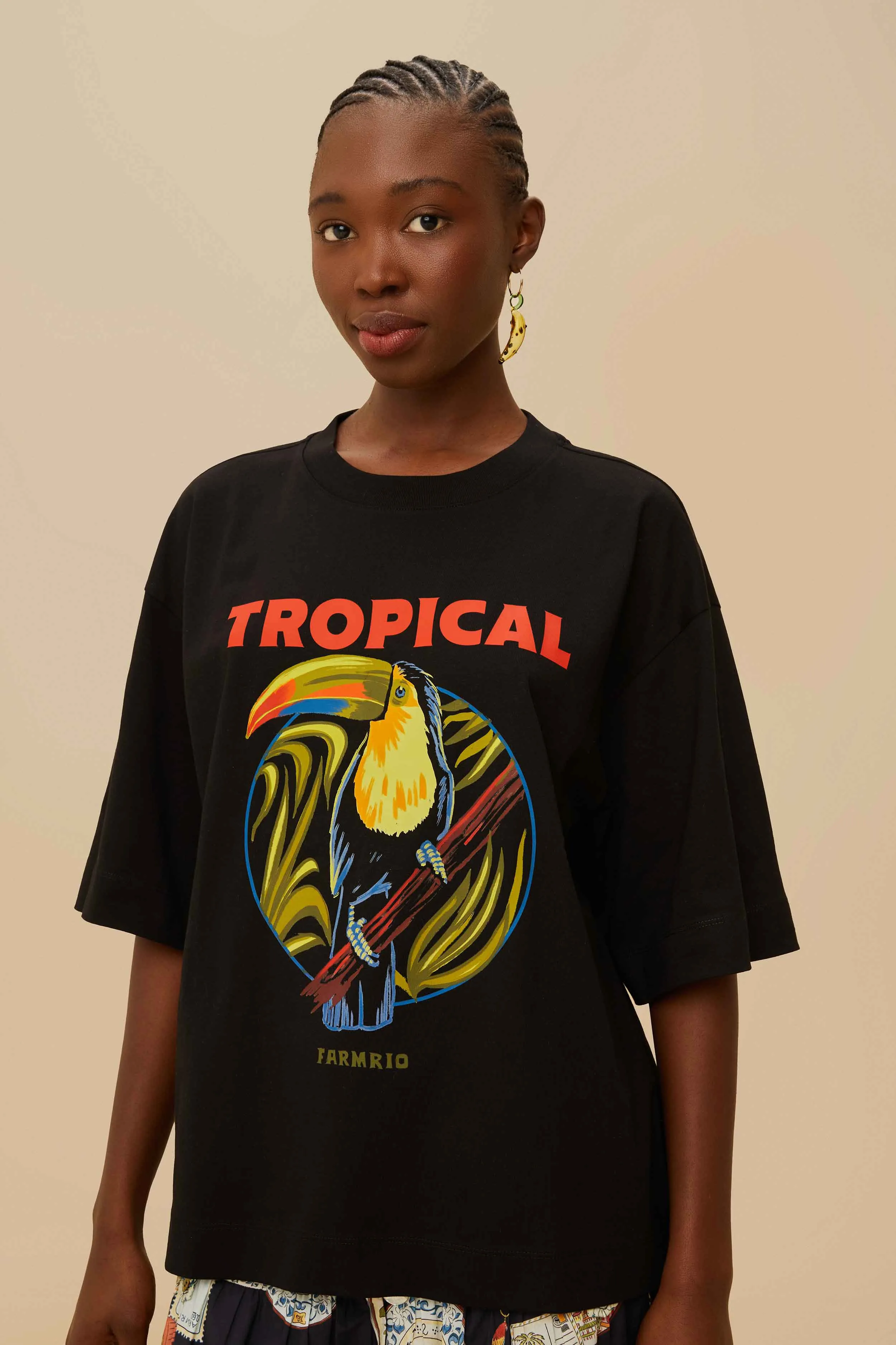 Black Tropical Organic Cotton T-Shirt Sporty Style