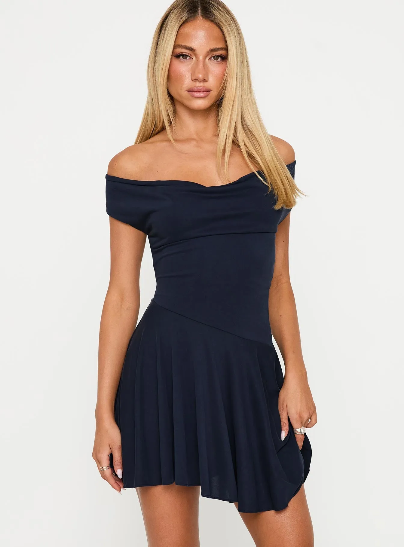 Mesh-Sleeve Body Heat Cowl Mini Dress Navy