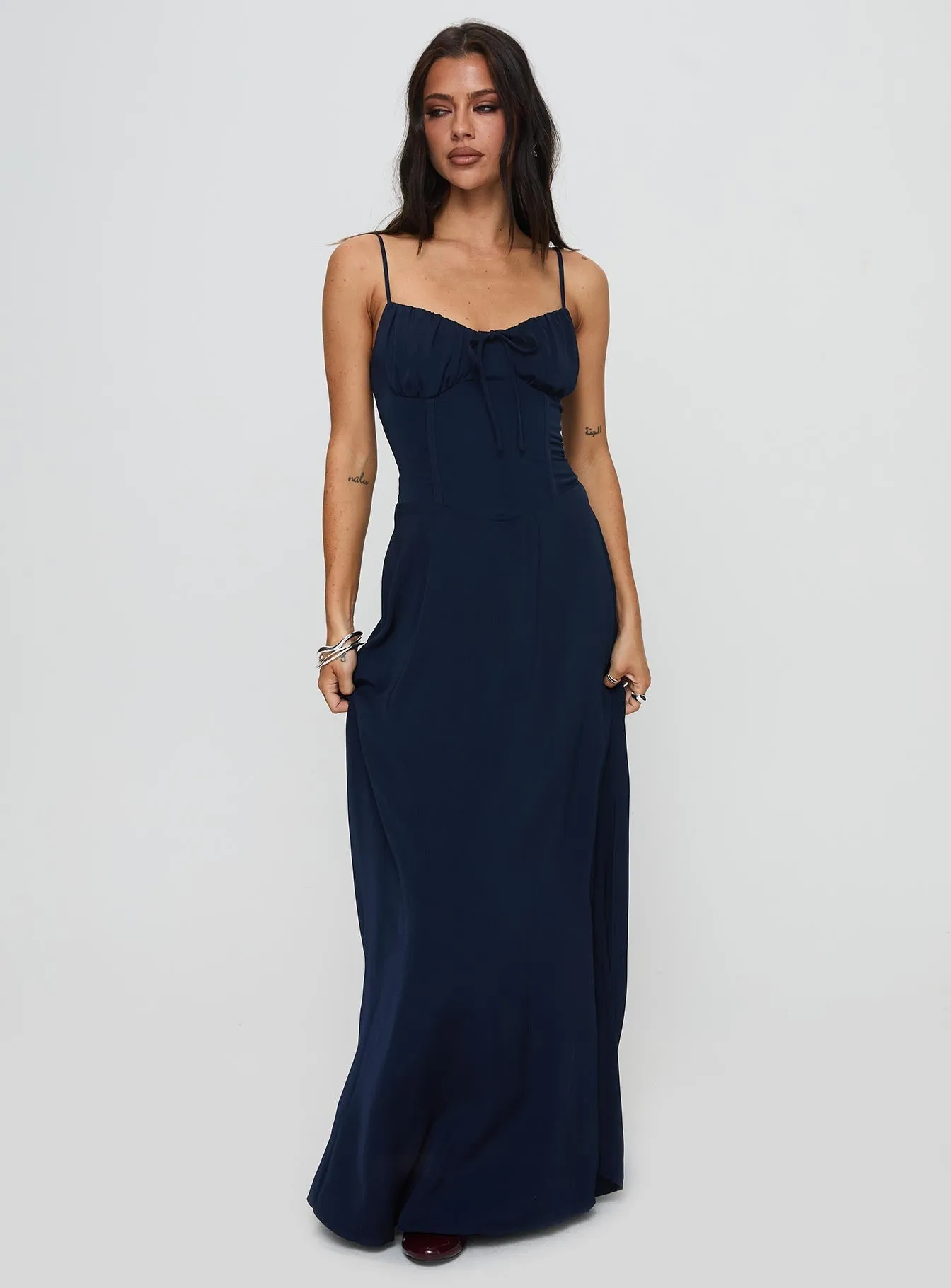 Eleanora Maxi Dress Navy Crisp Texture understated look