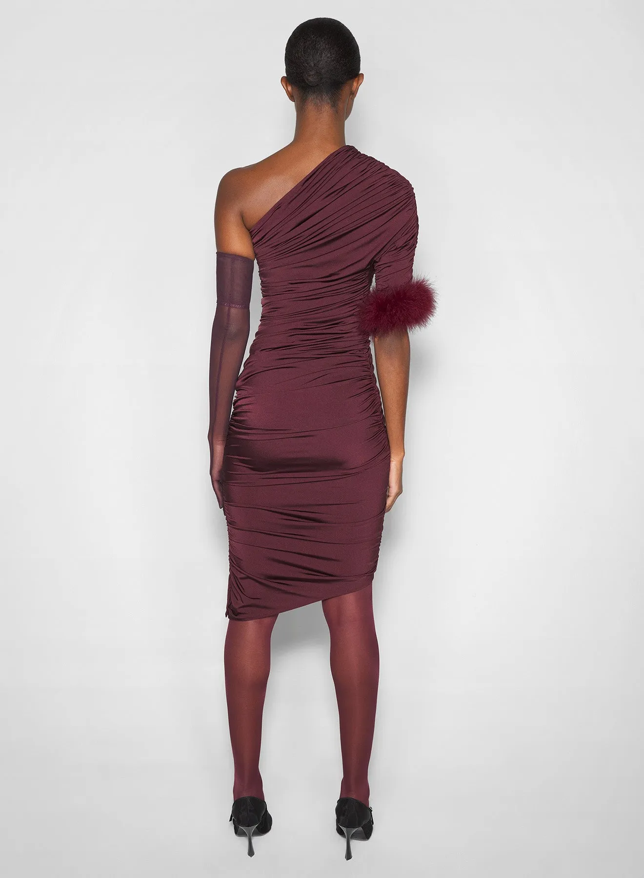 burgundy one-shoulder marabou dress Sweetheart-Neck