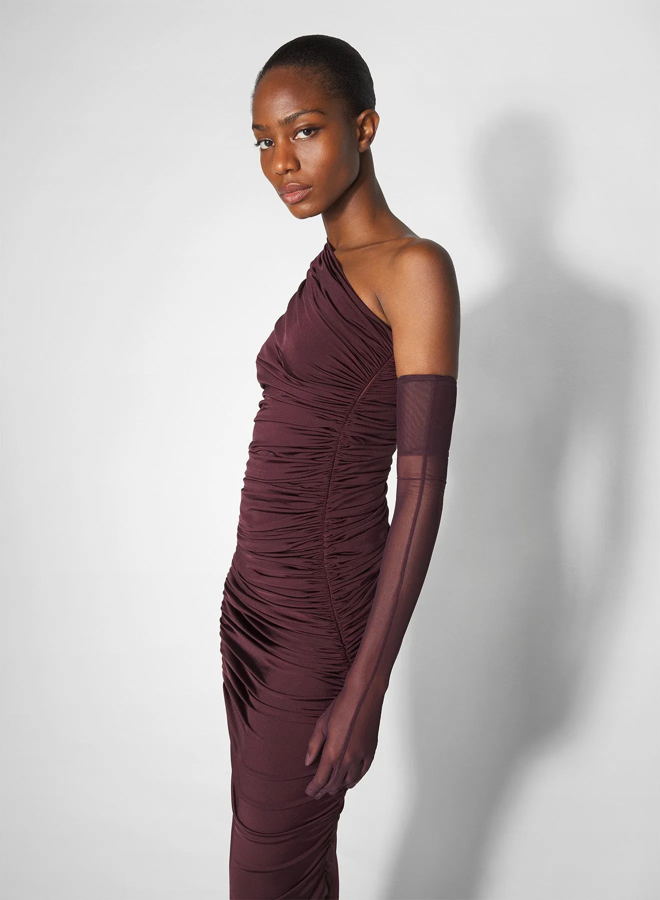 Stylish Choice Slender Look burgundy one-shoulder marabou dress